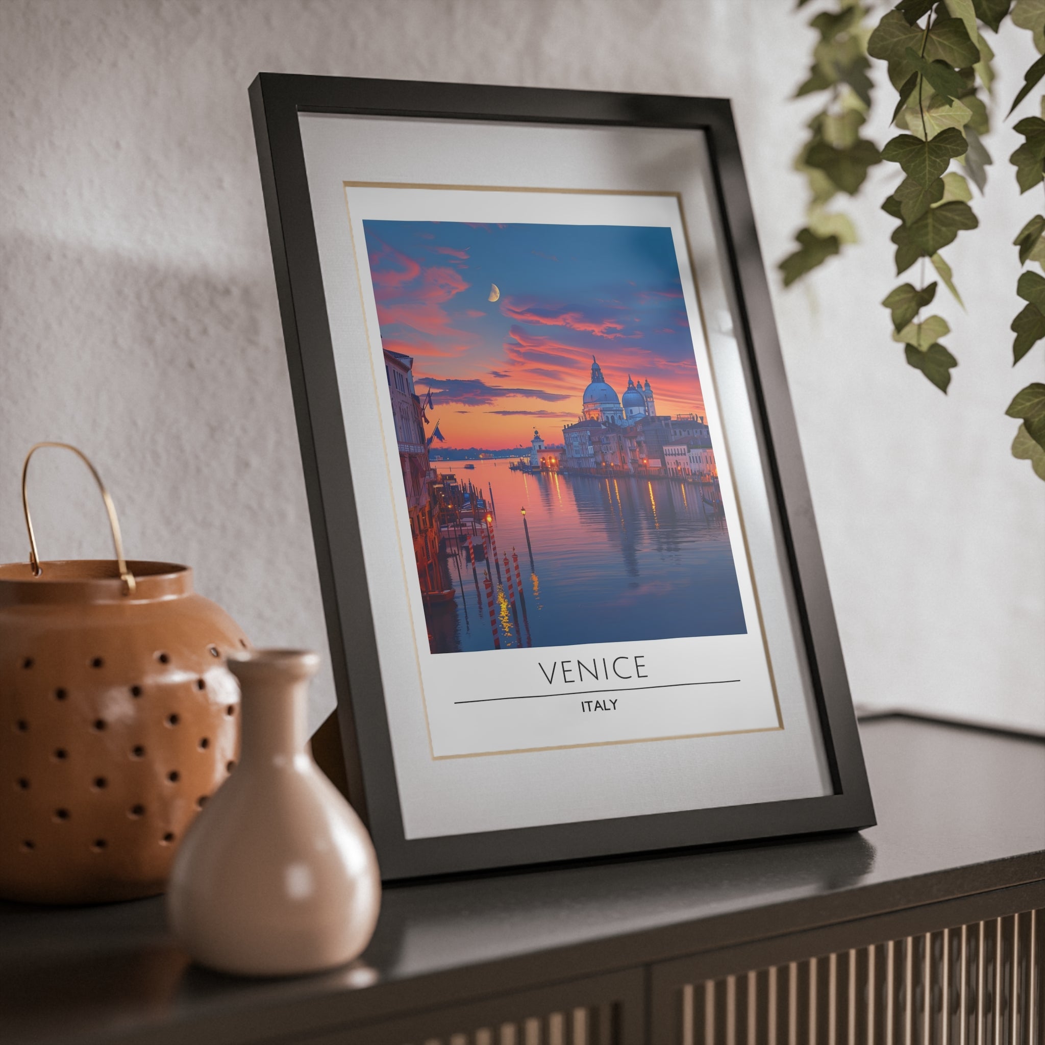 Venice Italy Framed Travel Poster - Grand Canal Wall Art Print, Sunset Cityscape Decor, Romantic European Architecture