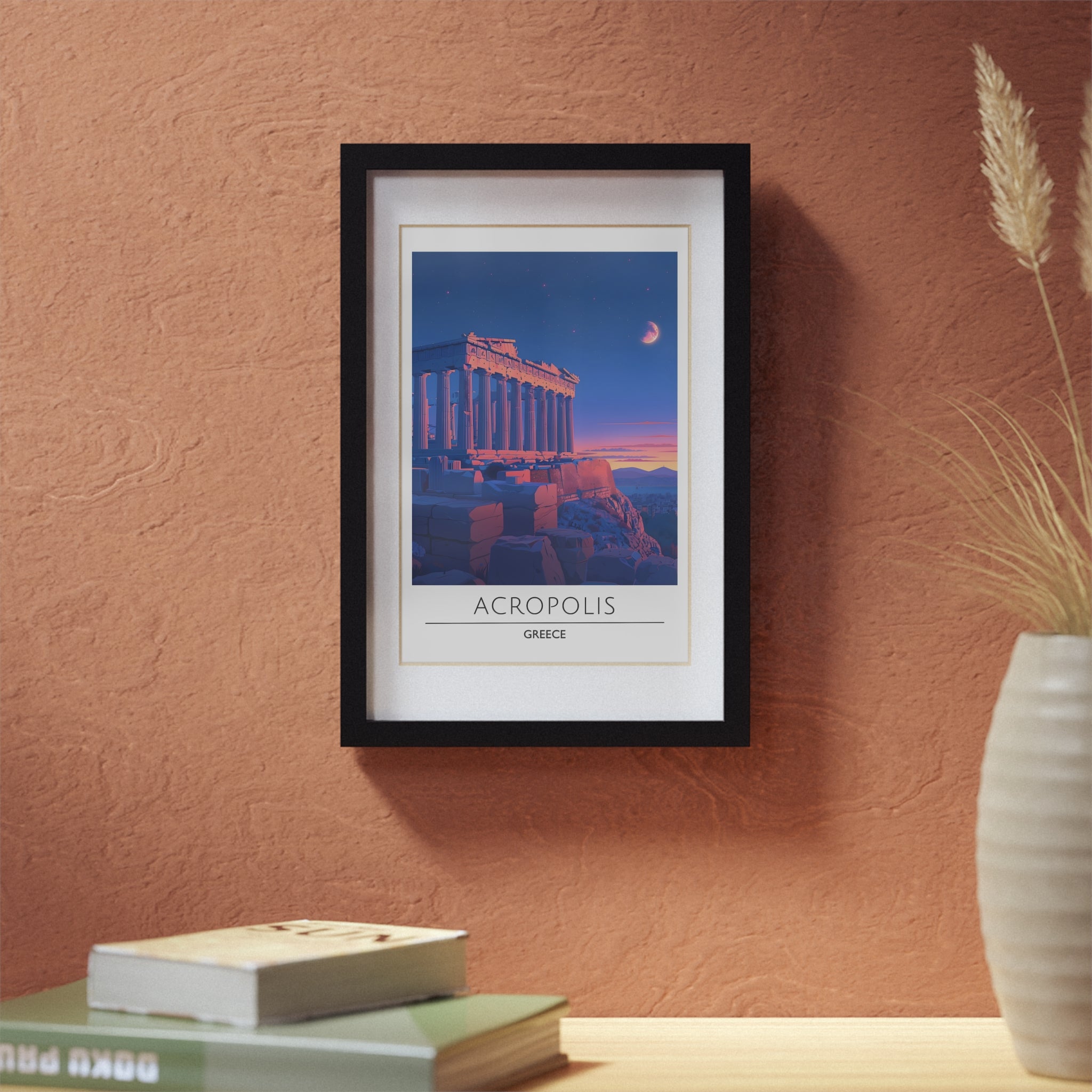 Acropolis Greece Framed Travel Poster - Athens Wall Art Print, Ancient Greek Architecture Decor, Parthenon Illustration