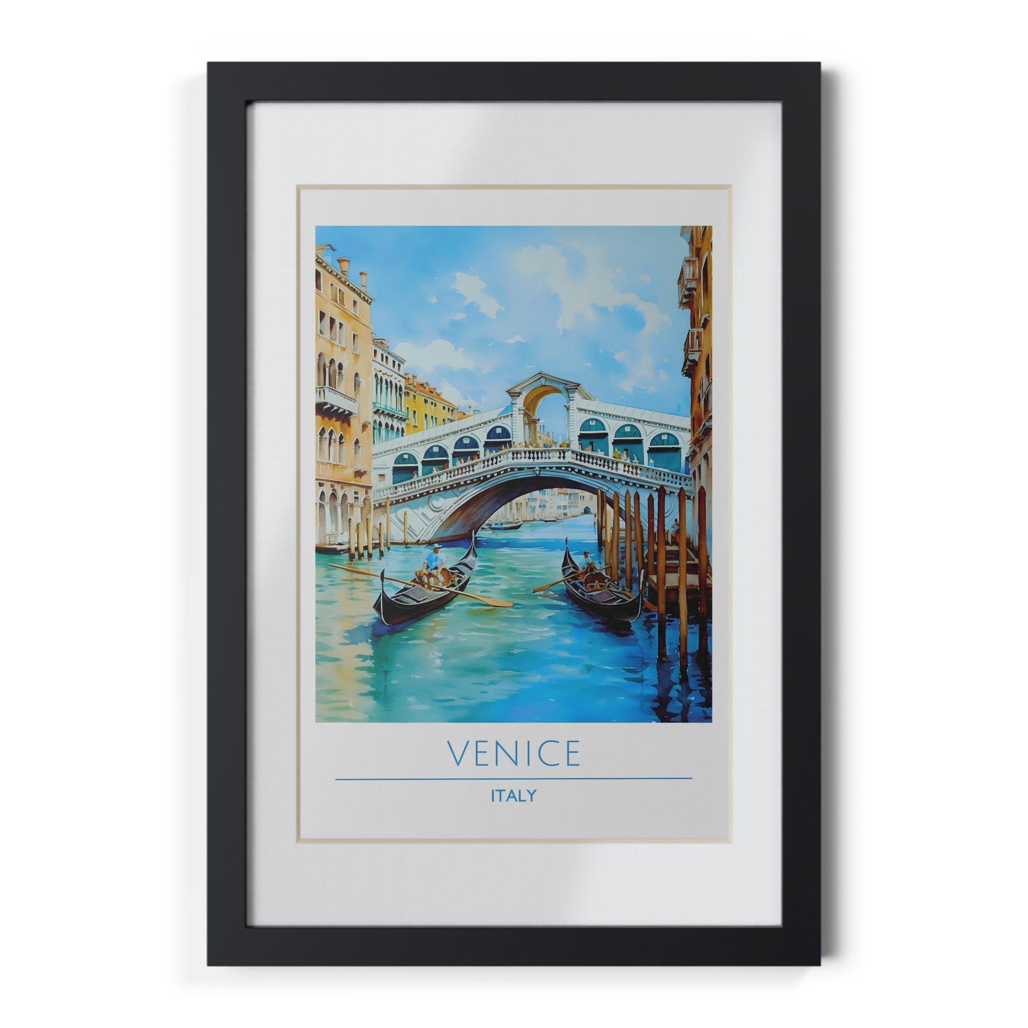 Venice Italy Rialto Bridge Poster - Framed Gondola Wall Art, Canal Scene Print, Watercolor Travel Decor