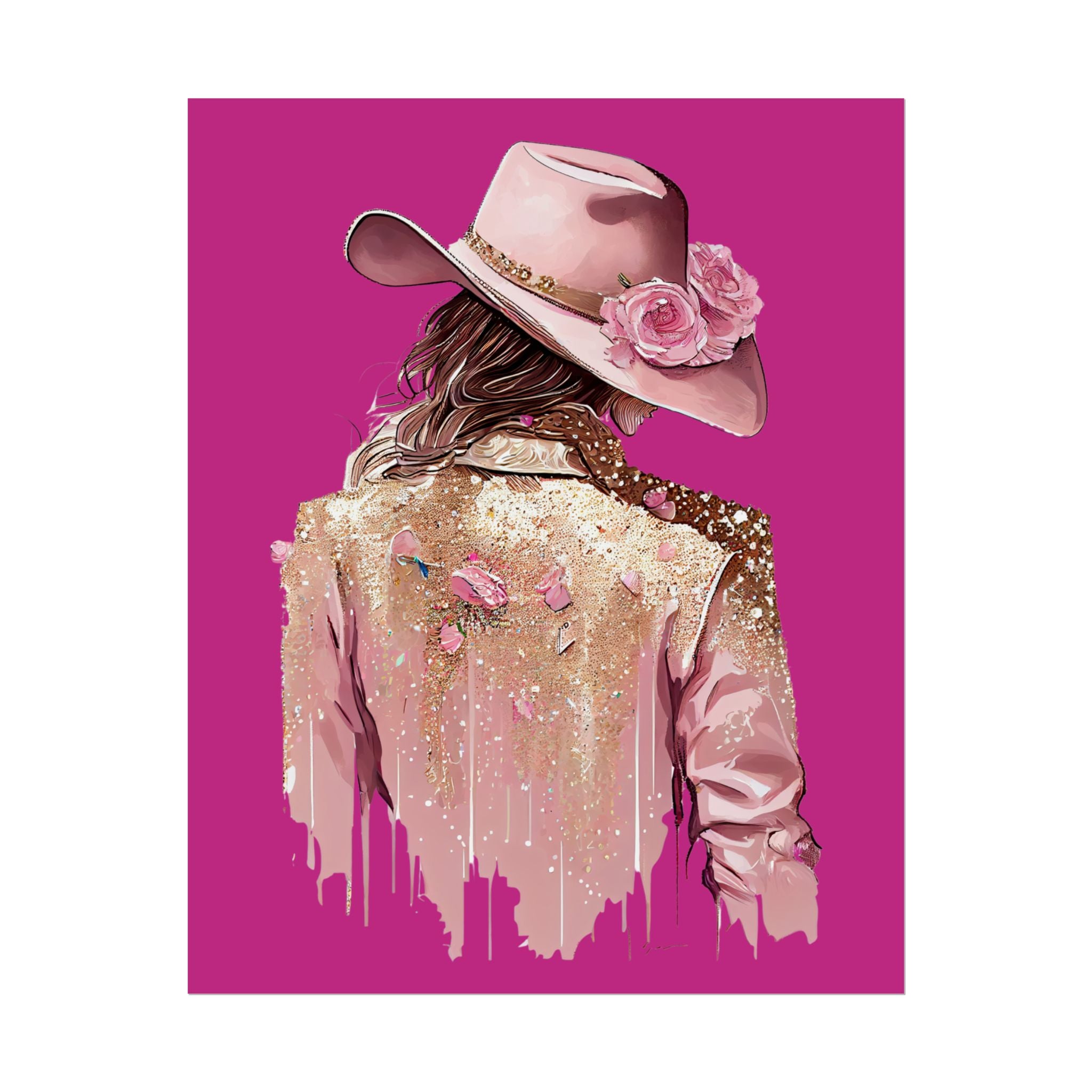 Western Glam Pink Hat Poster - Bold Feminine Wall Art for Bedroom or Dorm, Cowboycore Home Decor, Rose Jacket Pop Art Print