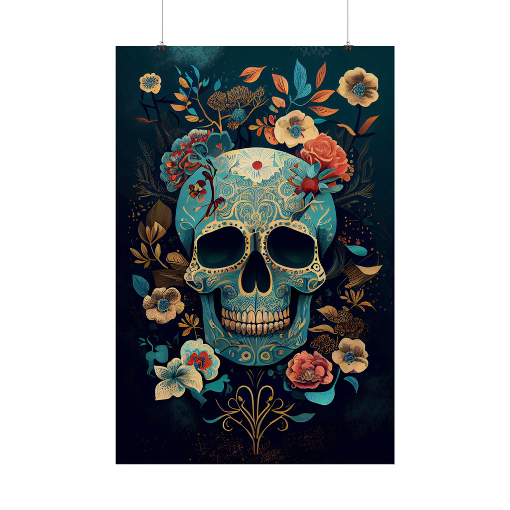 Blue Chinoiserie Sugar Skull Poster - Dia de los Muertos Floral Skull Art Print, Moody Gothic Home Decor, Vibrant Calavera Wall Art