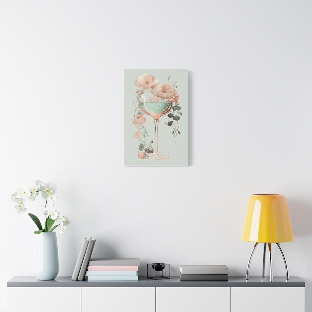 Mint Wine Glass Floral Canvas Wall Art - Elegant Botanical Poster, Soft Pastel Minimalist Decor for Bedroom or Kitchen