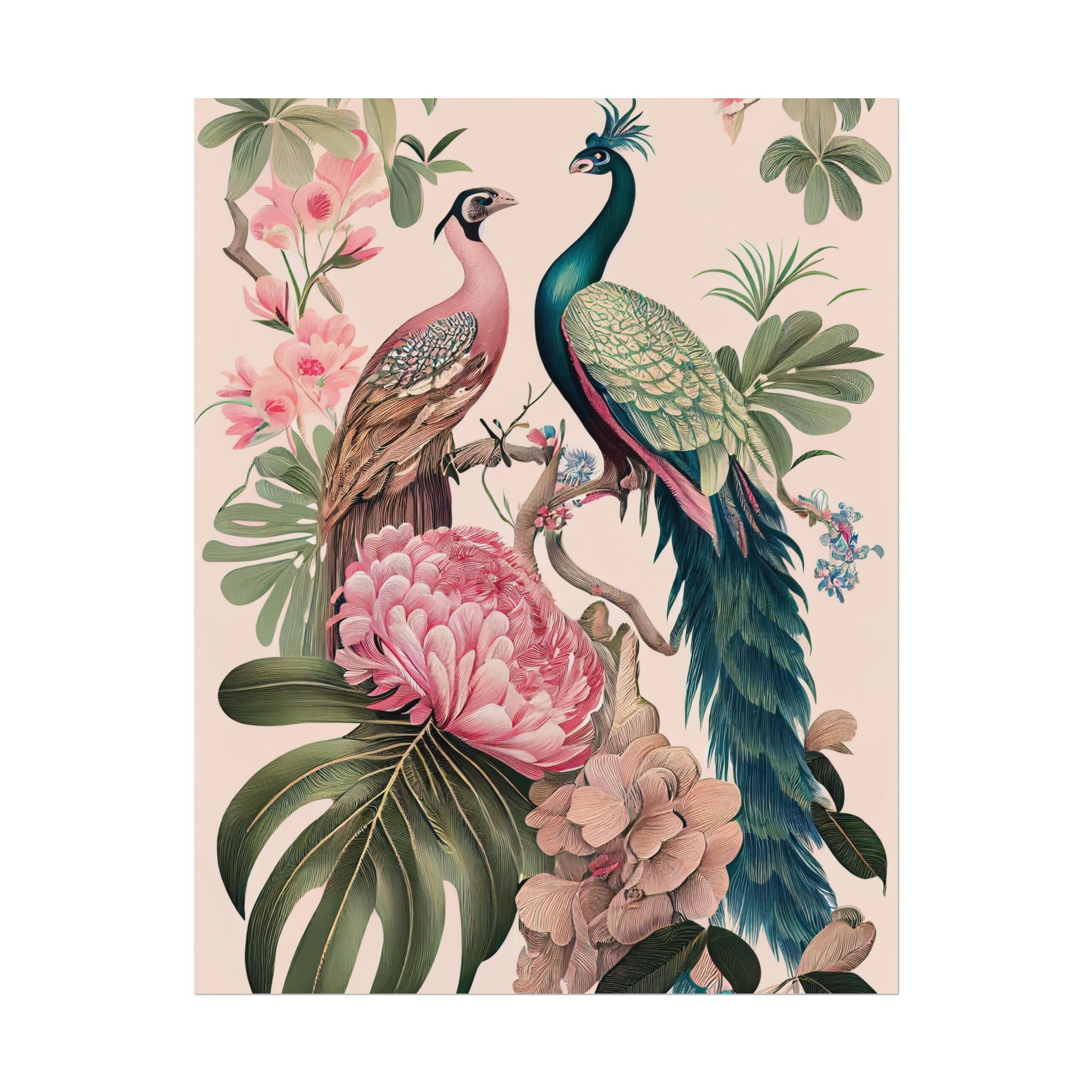 Chinoiserie Peacock Wall Art Print | Vintage Floral Bird Poster, Elegant Botanical Decor, Oriental Nature Artwork, 11x14 Giclée Rolled Print