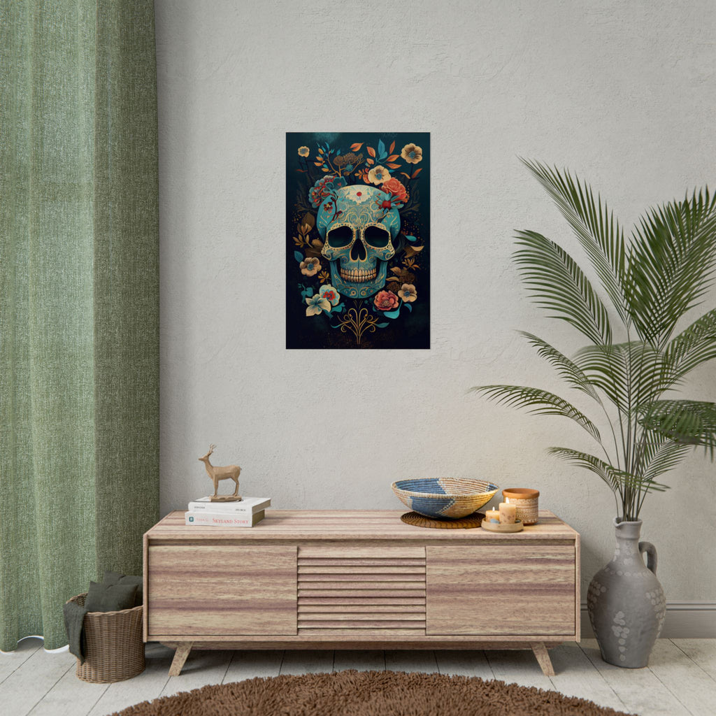 Blue Chinoiserie Sugar Skull Poster - Dia de los Muertos Floral Skull Art Print, Moody Gothic Home Decor, Vibrant Calavera Wall Art