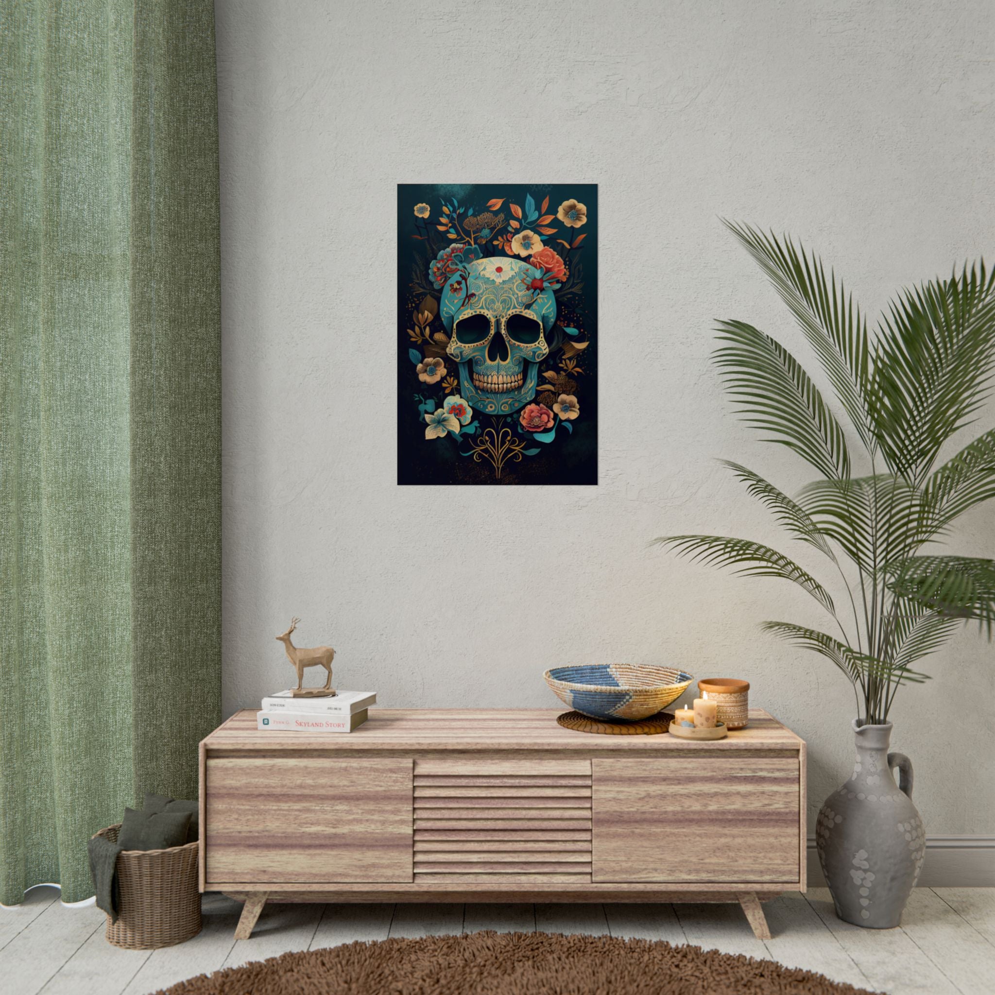 Blue Chinoiserie Sugar Skull Poster - Dia de los Muertos Floral Skull Art Print, Moody Gothic Home Decor, Vibrant Calavera Wall Art