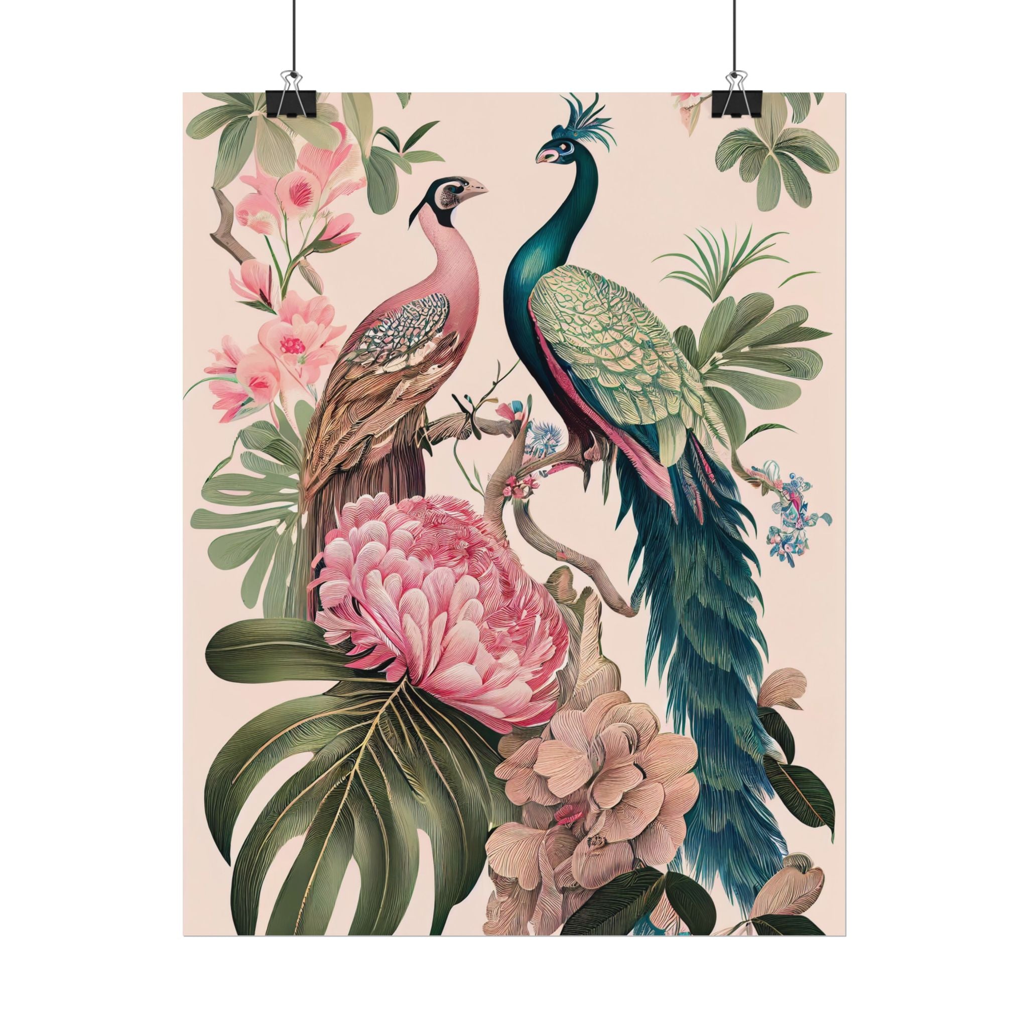 Chinoiserie Peacock Wall Art Print | Vintage Floral Bird Poster, Elegant Botanical Decor, Oriental Nature Artwork, 11x14 Giclée Rolled Print