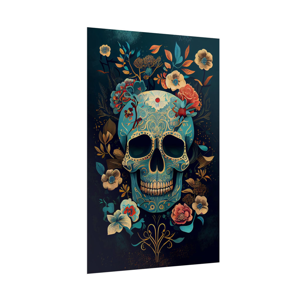 Blue Chinoiserie Sugar Skull Poster - Dia de los Muertos Floral Skull Art Print, Moody Gothic Home Decor, Vibrant Calavera Wall Art