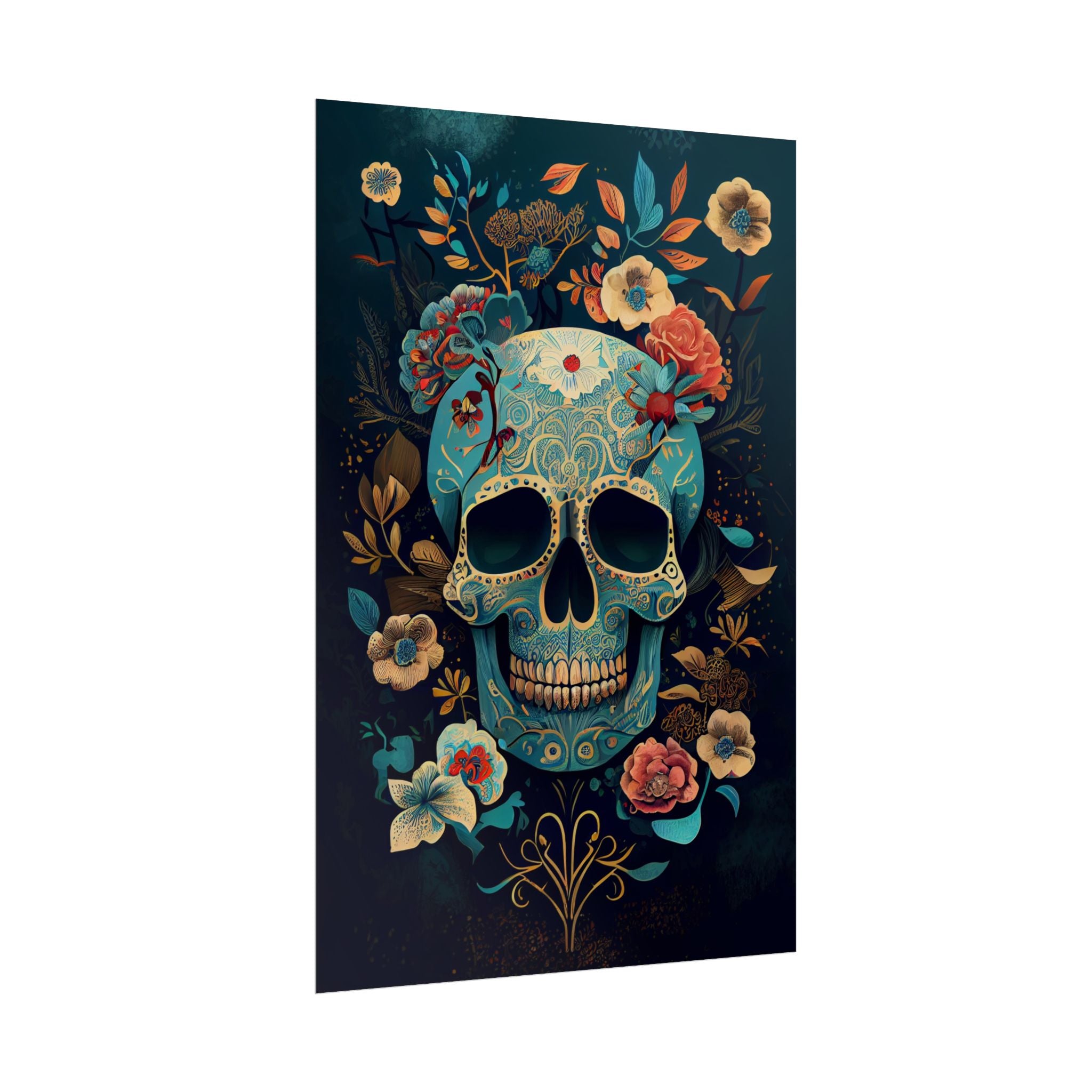 Blue Chinoiserie Sugar Skull Poster - Dia de los Muertos Floral Skull Art Print, Moody Gothic Home Decor, Vibrant Calavera Wall Art