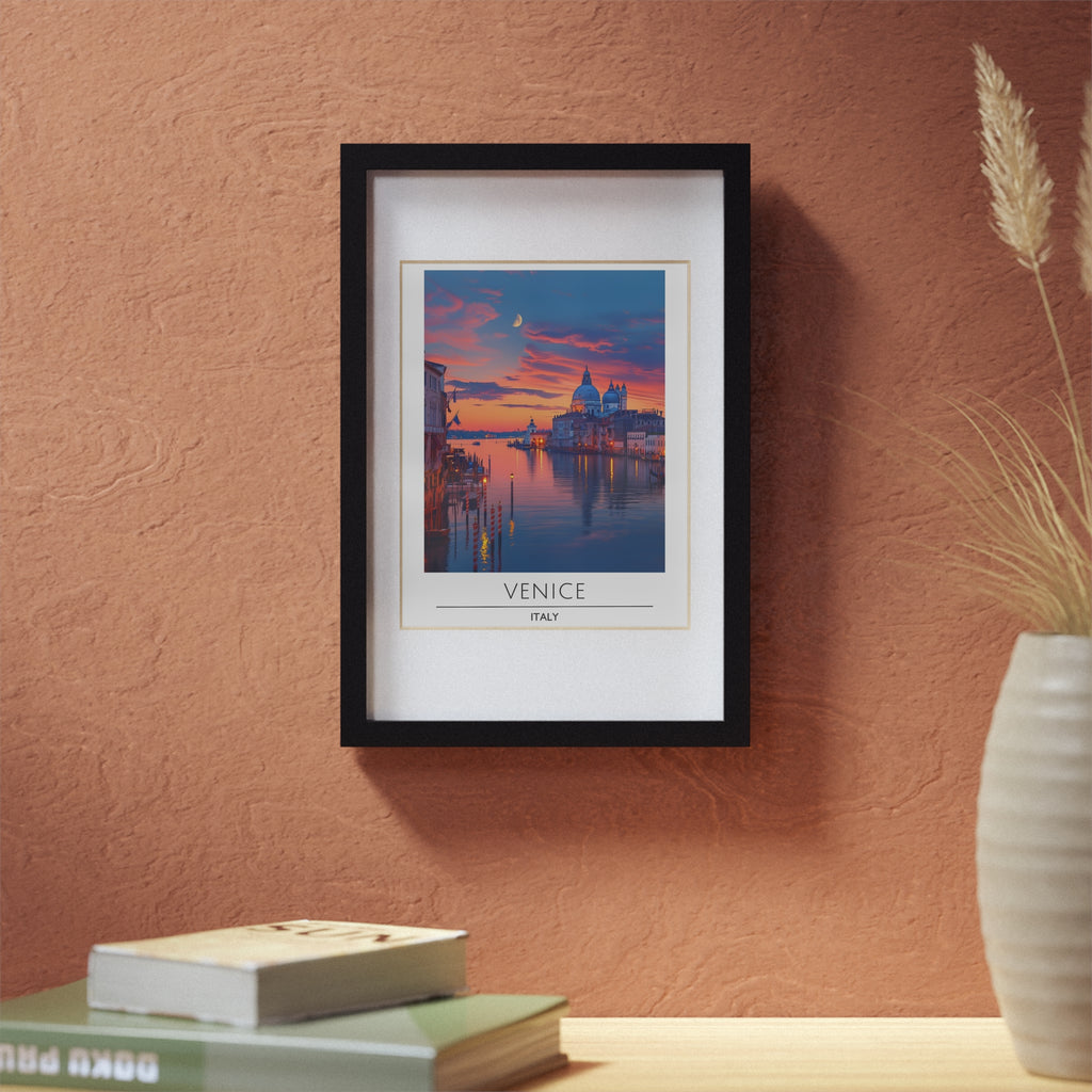 Venice Italy Framed Travel Poster - Grand Canal Wall Art Print, Sunset Cityscape Decor, Romantic European Architecture
