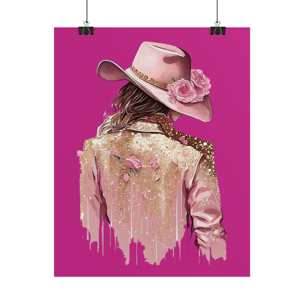 Western Glam Pink Hat Poster - Bold Feminine Wall Art for Bedroom or Dorm, Cowboycore Home Decor, Rose Jacket Pop Art Print