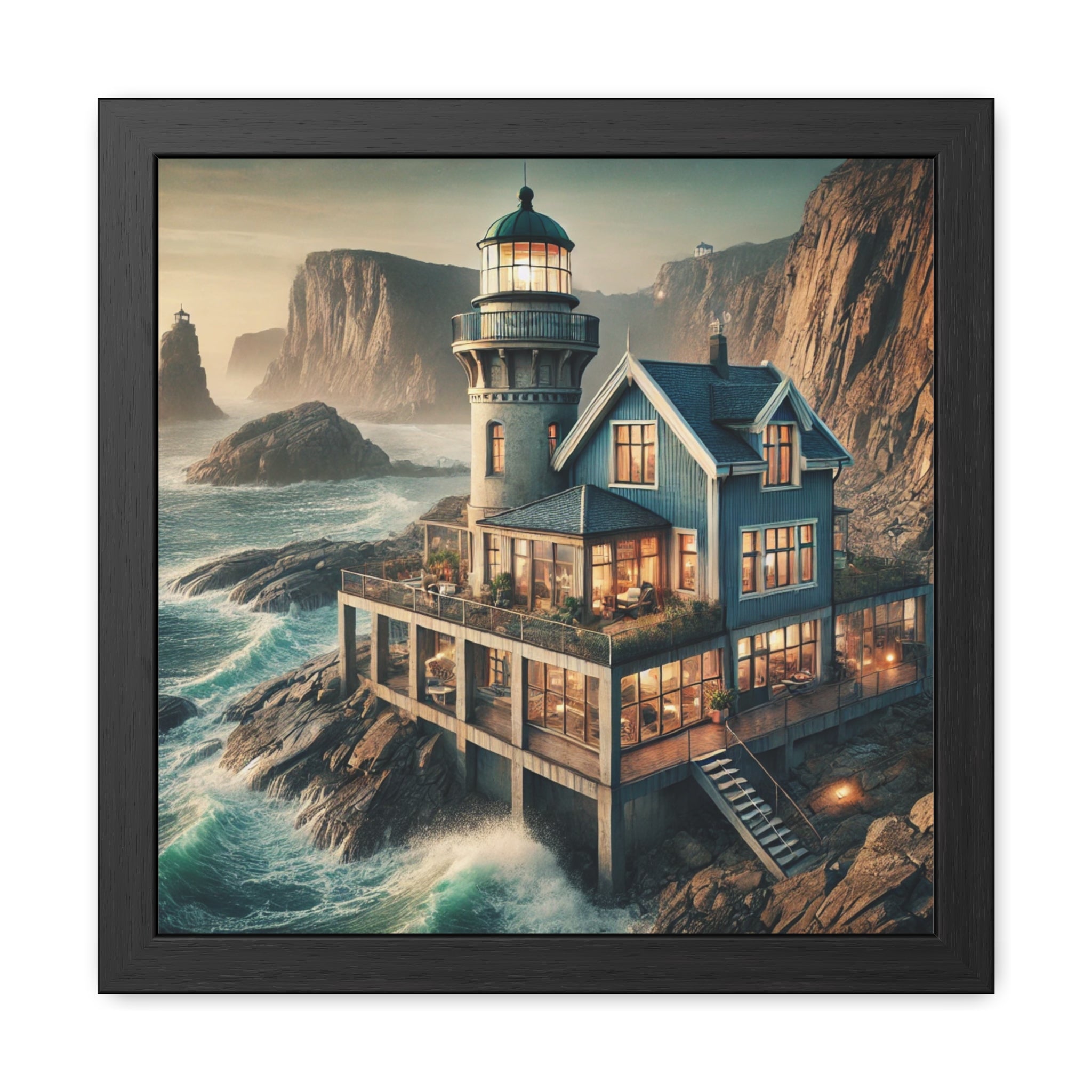 Coastal Lighthouse Framed Art Print, Nautical Wall Decor, Beach House Wall Art, Ocean View Poster, Seaside Home Decoration