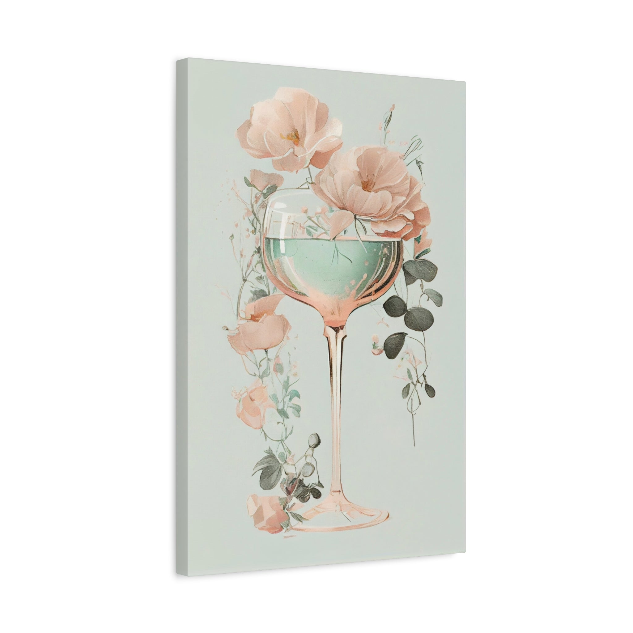 Mint Wine Glass Floral Canvas Wall Art - Elegant Botanical Poster, Soft Pastel Minimalist Decor for Bedroom or Kitchen