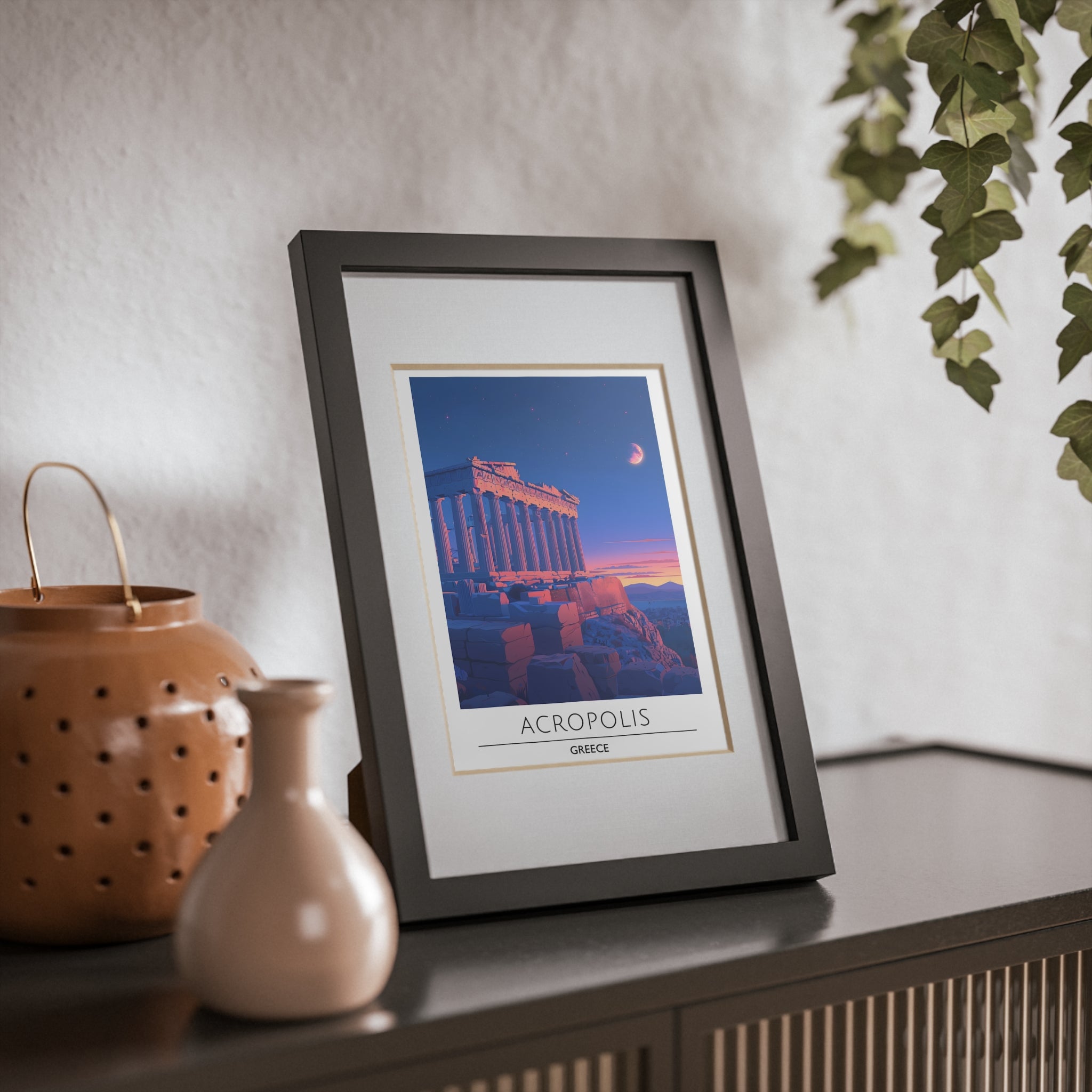 Acropolis Greece Framed Travel Poster - Athens Wall Art Print, Ancient Greek Architecture Decor, Parthenon Illustration