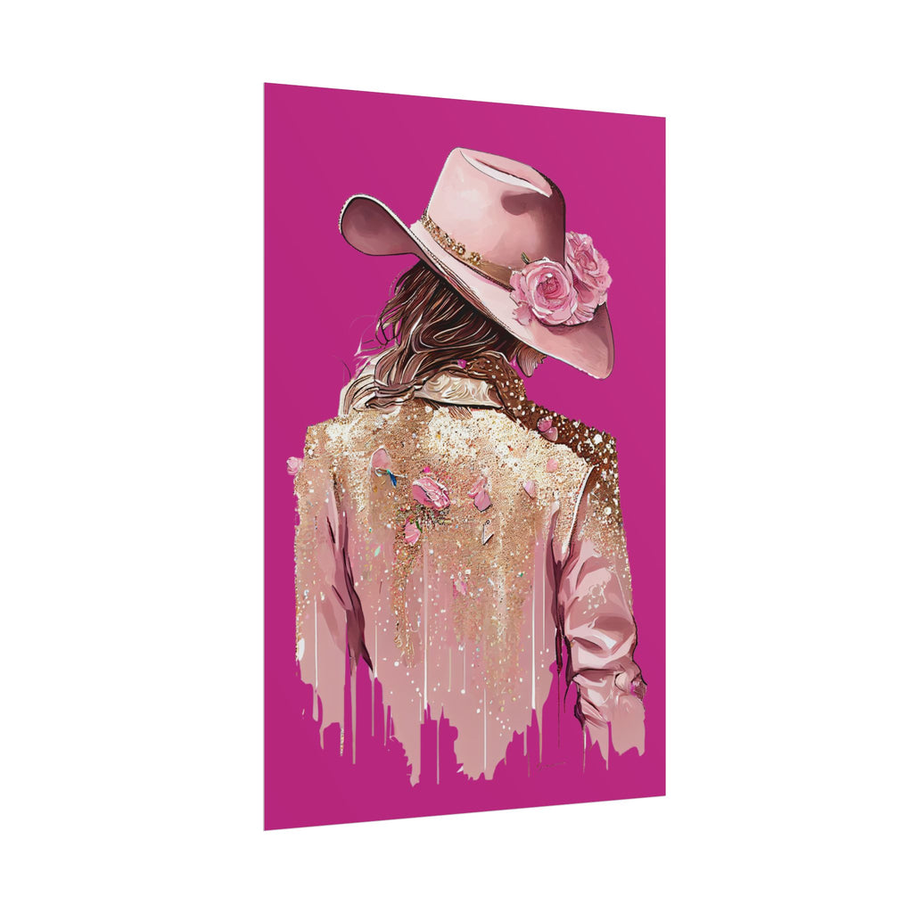 Western Glam Pink Hat Poster - Bold Feminine Wall Art for Bedroom or Dorm, Cowboycore Home Decor, Rose Jacket Pop Art Print