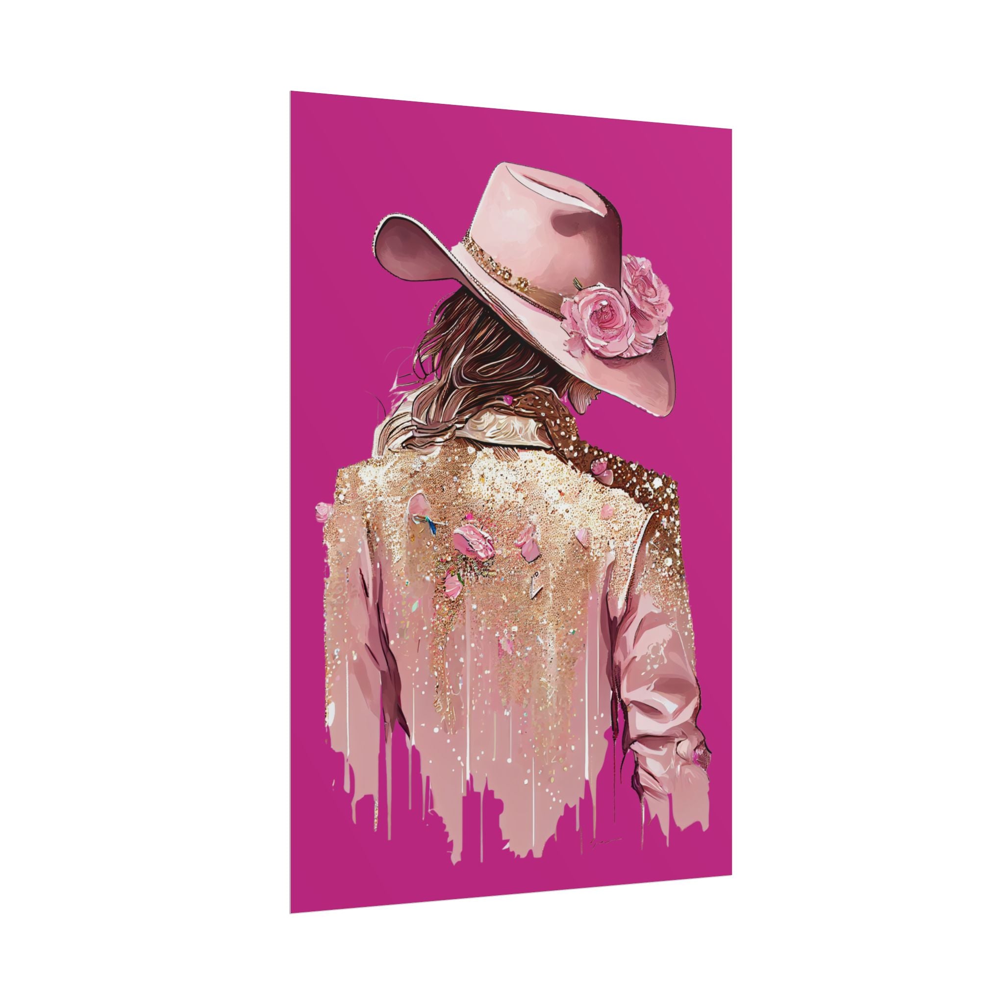 Western Glam Pink Hat Poster - Bold Feminine Wall Art for Bedroom or Dorm, Cowboycore Home Decor, Rose Jacket Pop Art Print