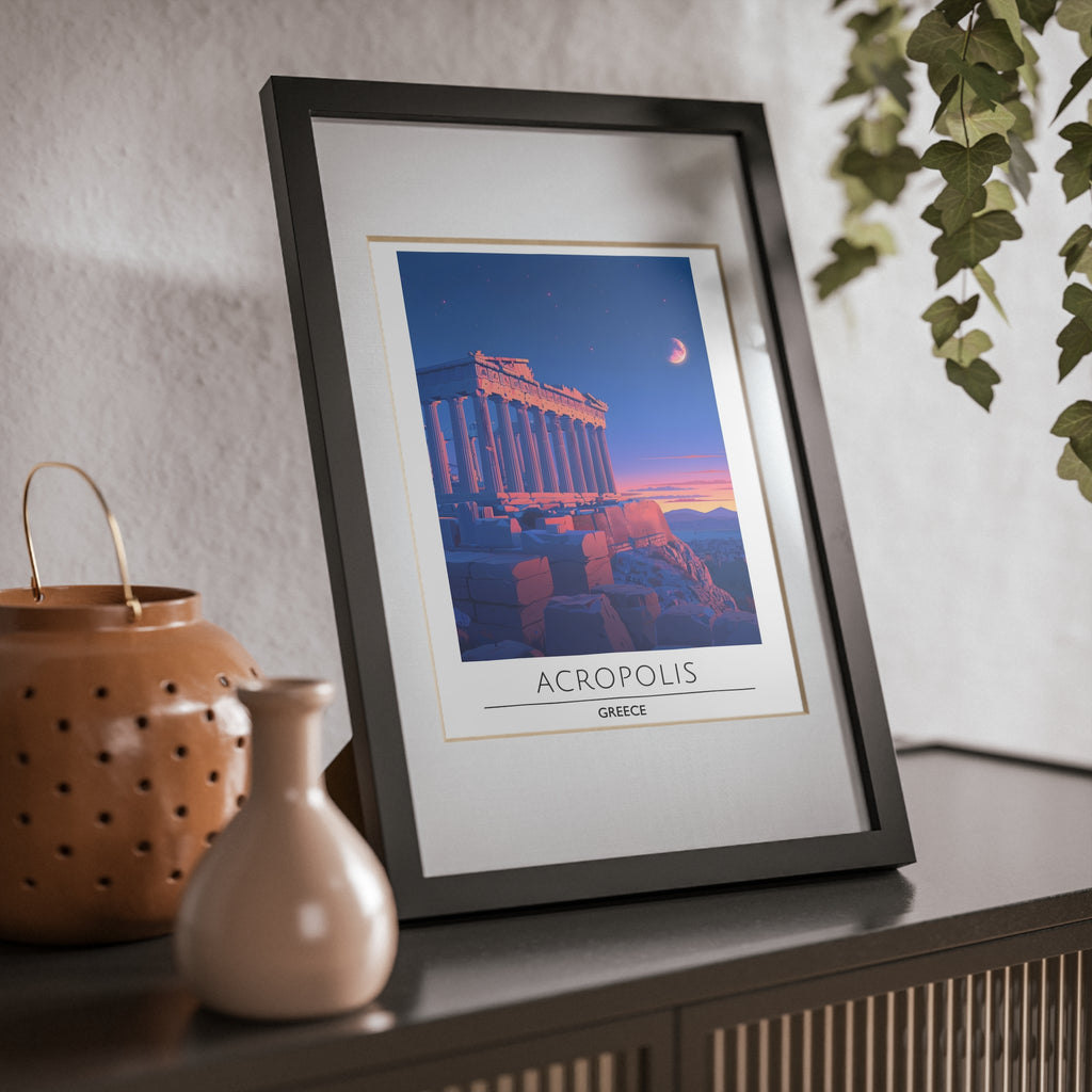 Acropolis Greece Framed Travel Poster - Athens Wall Art Print, Ancient Greek Architecture Decor, Parthenon Illustration