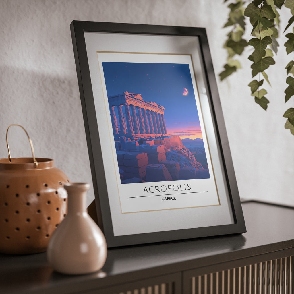 Acropolis Greece Framed Travel Poster - Athens Wall Art Print, Ancient Greek Architecture Decor, Parthenon Illustration