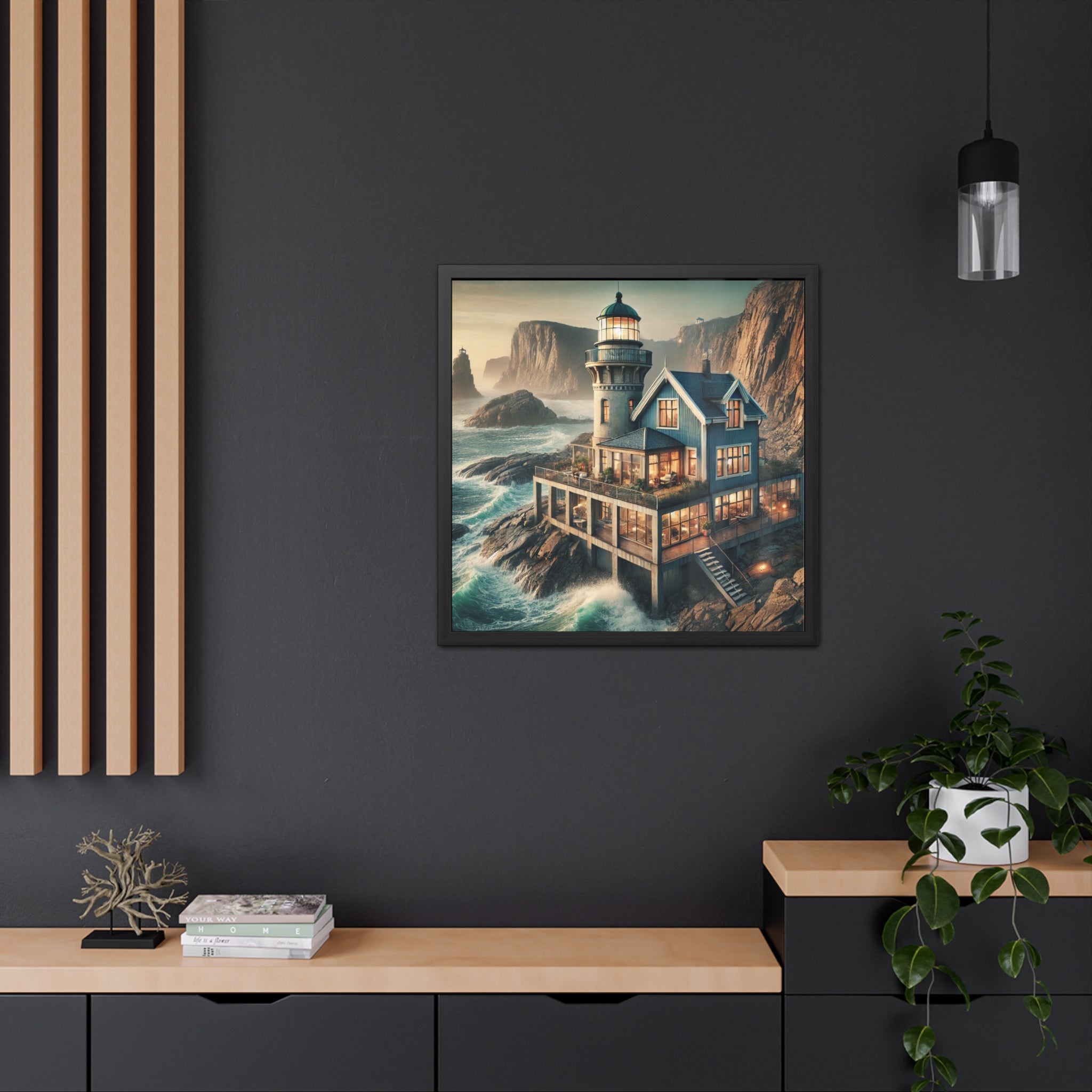 Coastal Lighthouse Framed Art Print, Nautical Wall Decor, Beach House Wall Art, Ocean View Poster, Seaside Home Decoration