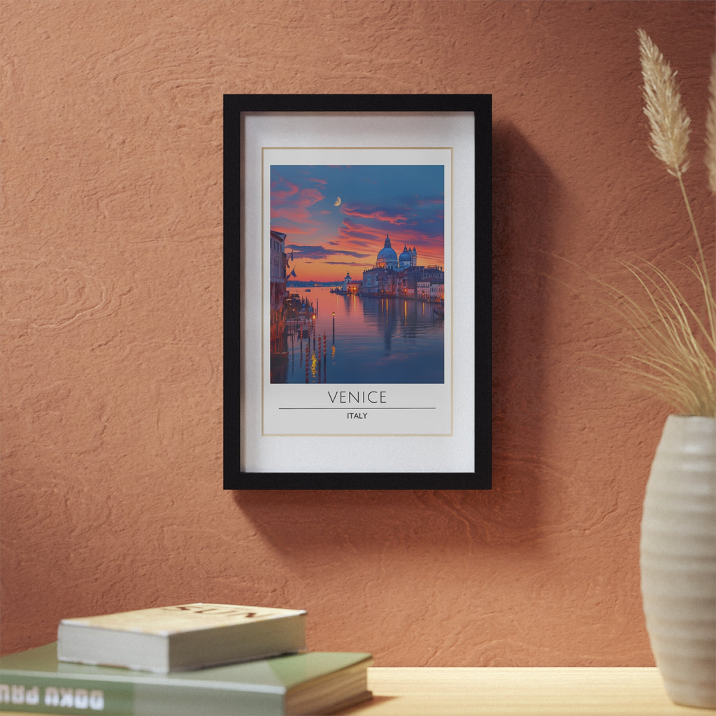 Venice Italy Framed Travel Poster - Grand Canal Wall Art Print, Sunset Cityscape Decor, Romantic European Architecture