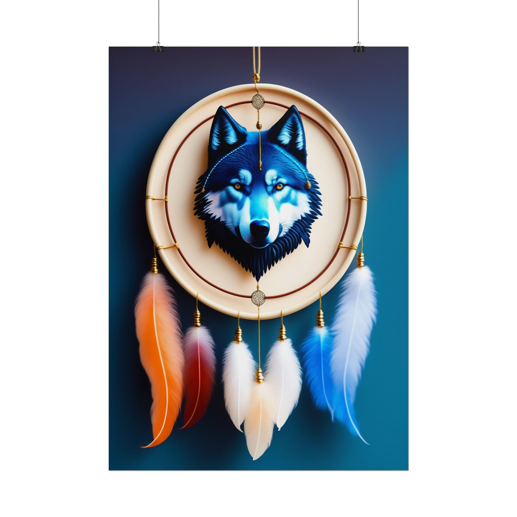 Boho Wolf Dreamcatcher Poster - Spirit Animal Wall Art, Tribal Bohemian Decor, Blue Wolf Dream Catcher Print
