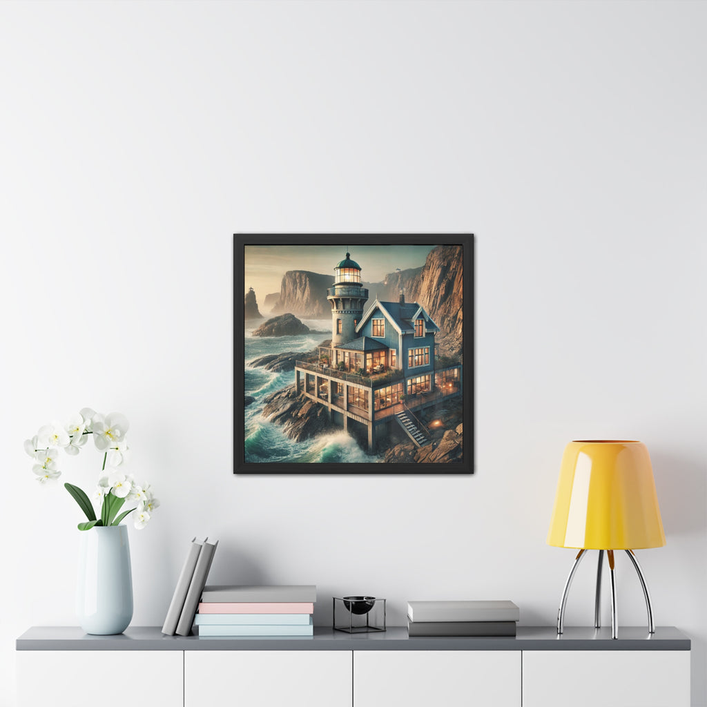 Coastal Lighthouse Framed Art Print, Nautical Wall Decor, Beach House Wall Art, Ocean View Poster, Seaside Home Decoration