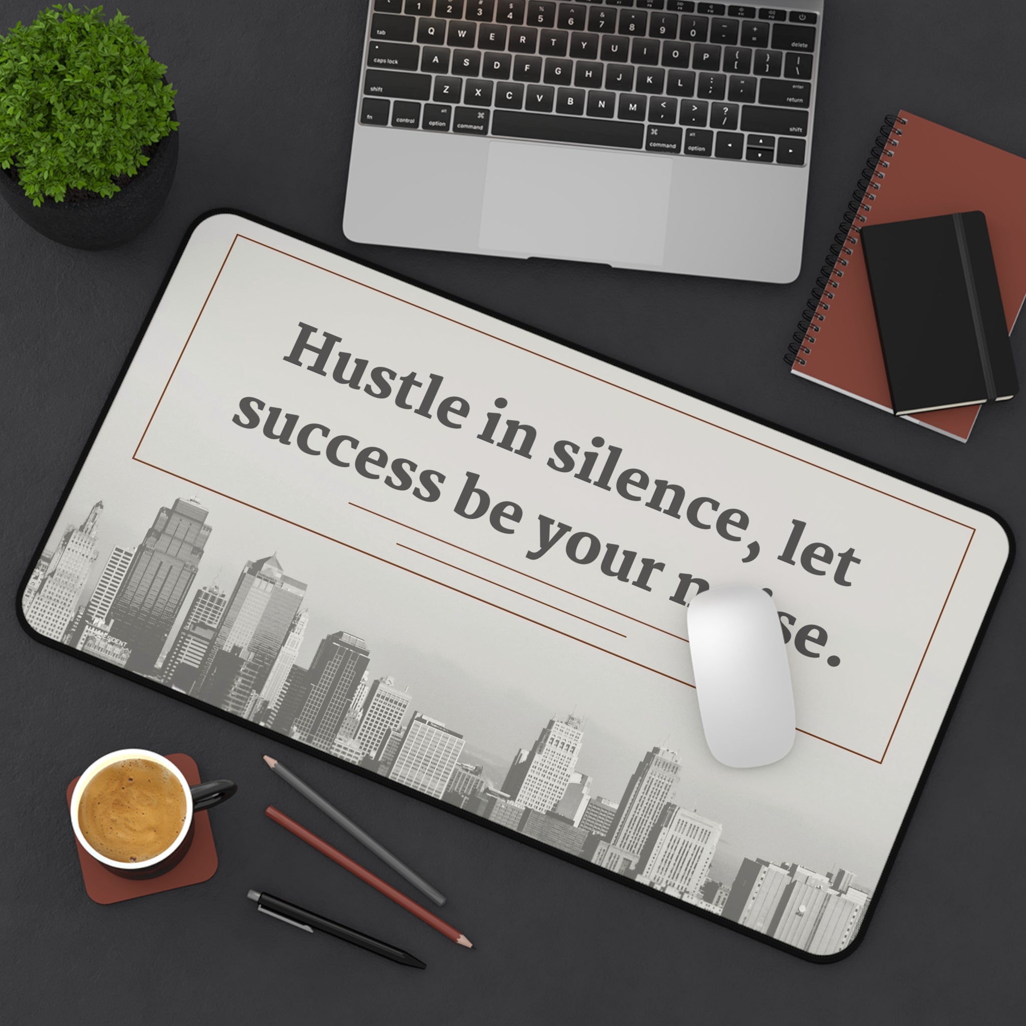 Hustle in Silence Desk Mat | Motivational Office Decor, Anti Slip Neoprene Mouse Pad, 12x22 Workspace Pad with Quote, Entrepreneur Gift
