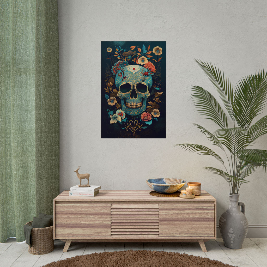 Blue Chinoiserie Sugar Skull Poster - Dia de los Muertos Floral Skull Art Print, Moody Gothic Home Decor, Vibrant Calavera Wall Art