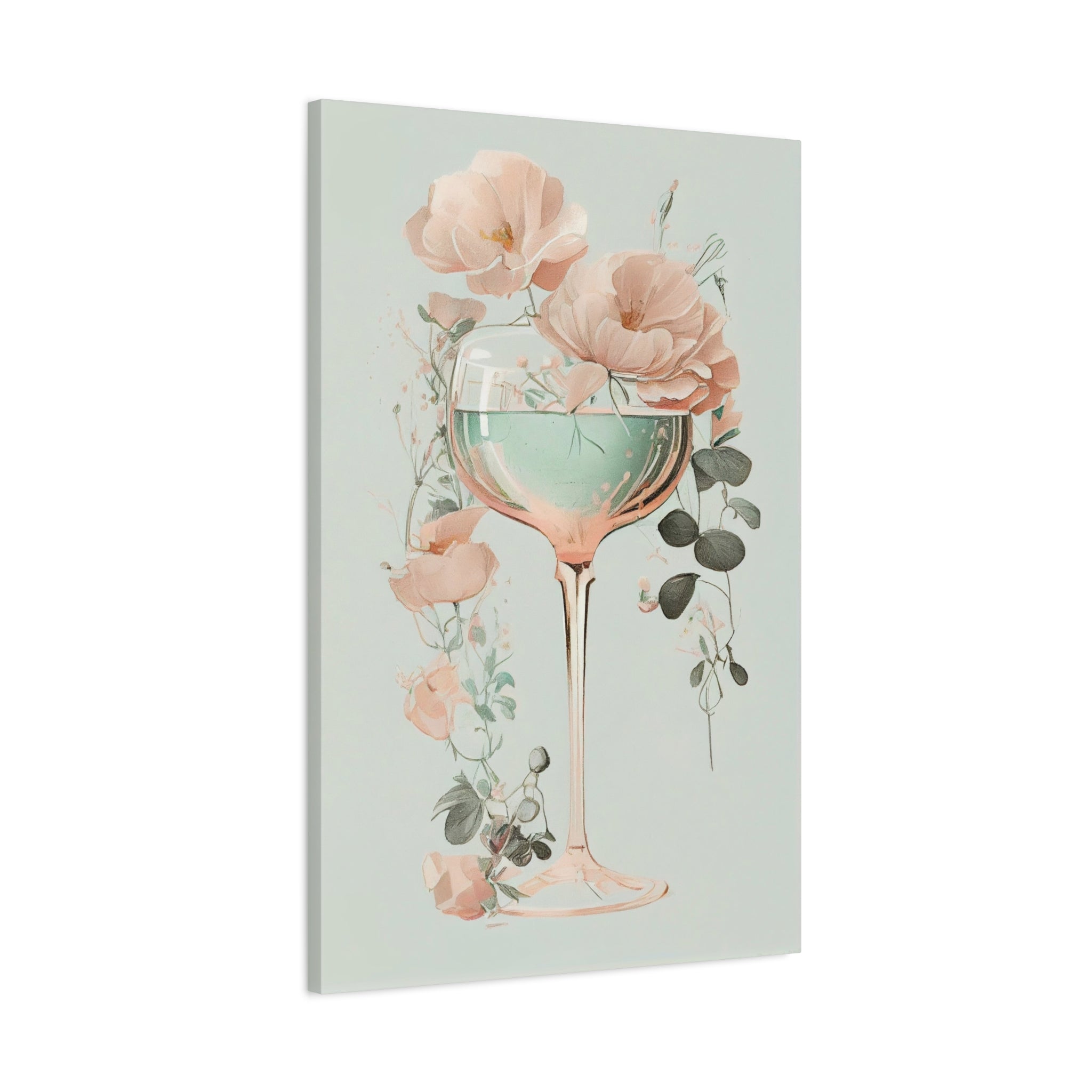 Mint Wine Glass Floral Canvas Wall Art - Elegant Botanical Poster, Soft Pastel Minimalist Decor for Bedroom or Kitchen