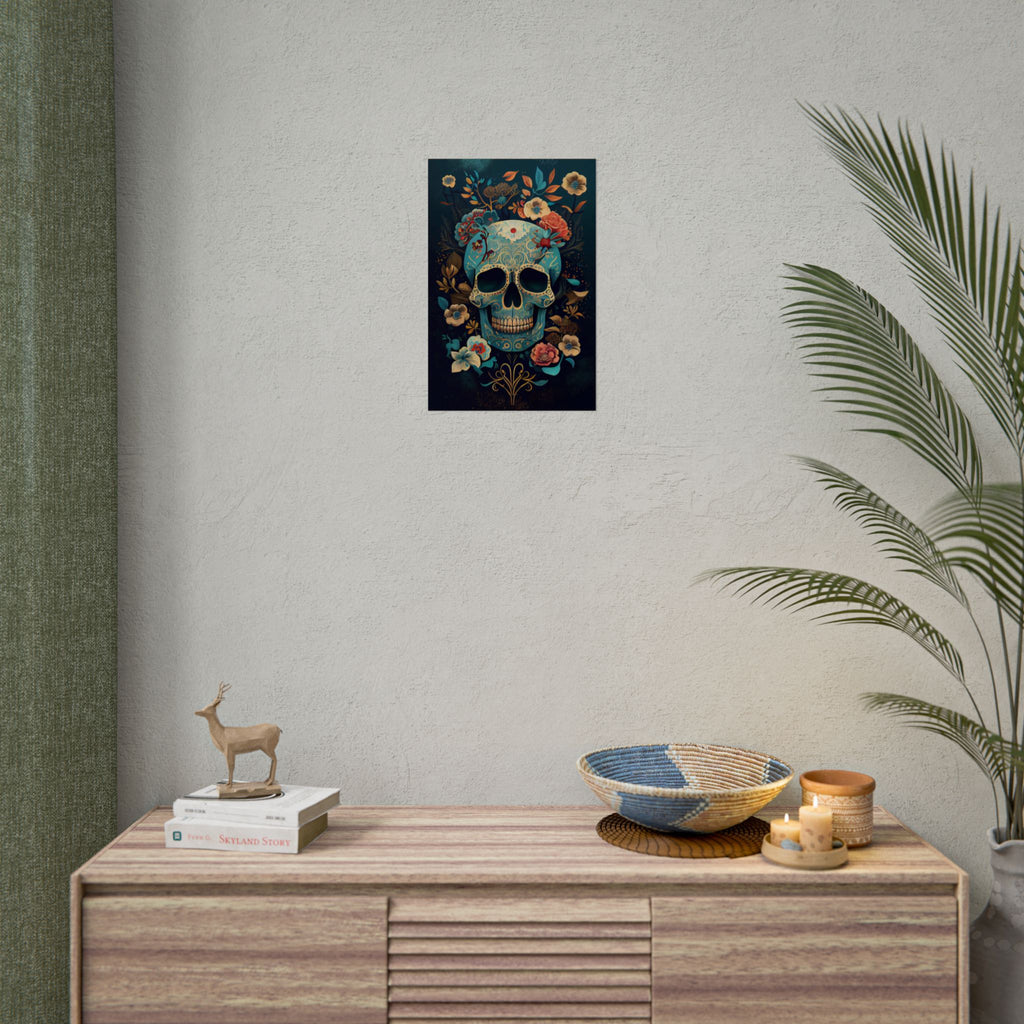 Blue Chinoiserie Sugar Skull Poster - Dia de los Muertos Floral Skull Art Print, Moody Gothic Home Decor, Vibrant Calavera Wall Art