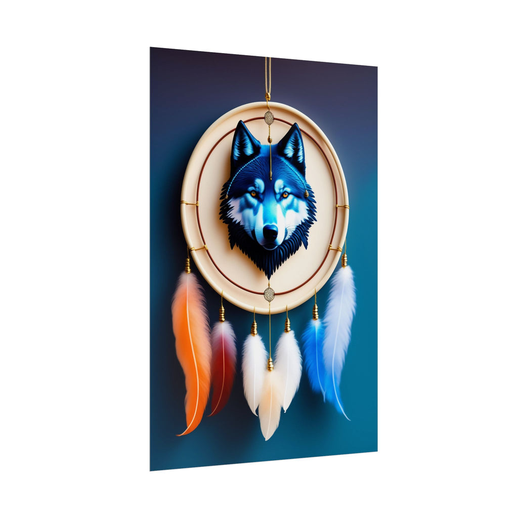 Boho Wolf Dreamcatcher Poster - Spirit Animal Wall Art, Tribal Bohemian Decor, Blue Wolf Dream Catcher Print