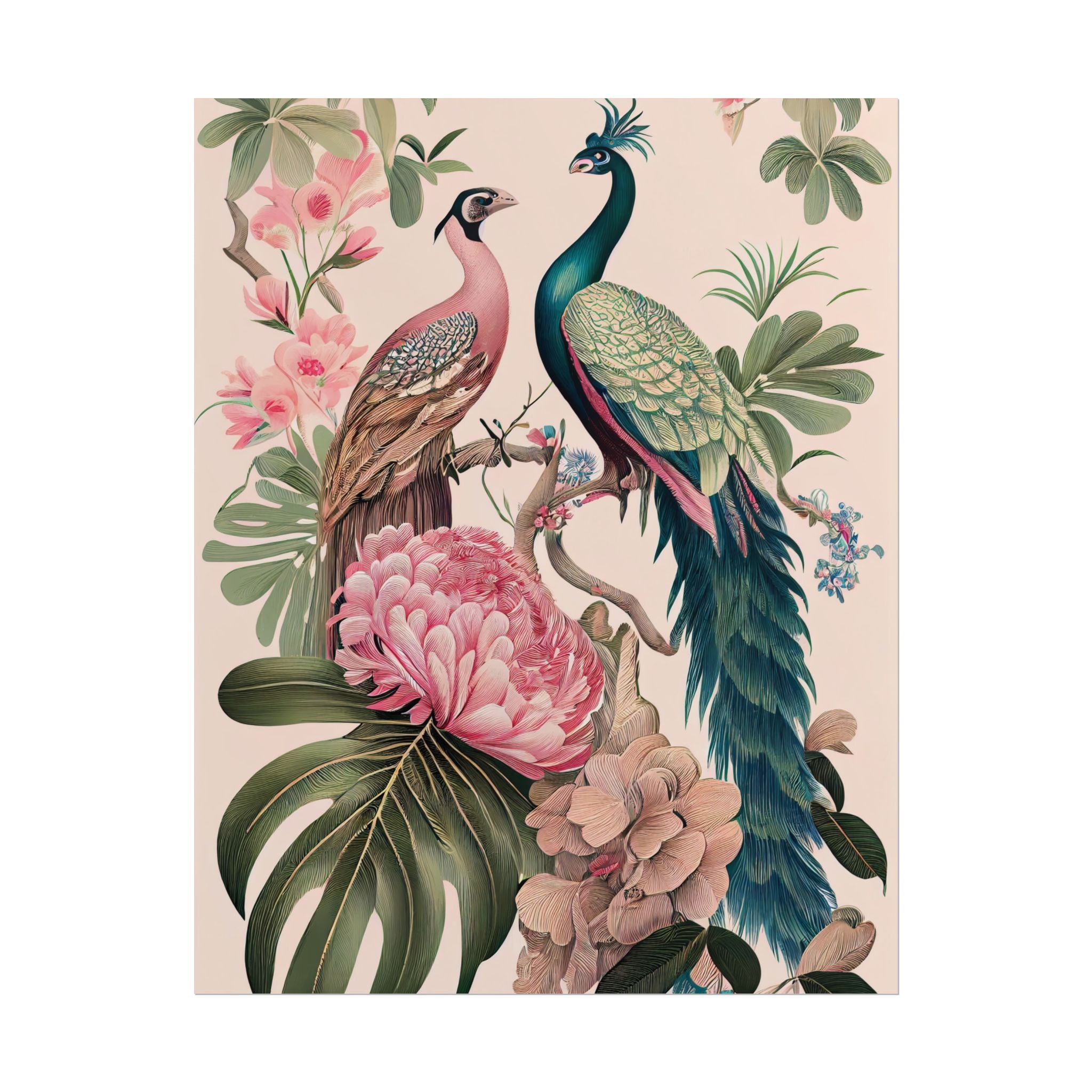 Chinoiserie Peacock Wall Art Print | Vintage Floral Bird Poster, Elegant Botanical Decor, Oriental Nature Artwork, 11x14 Giclée Rolled Print