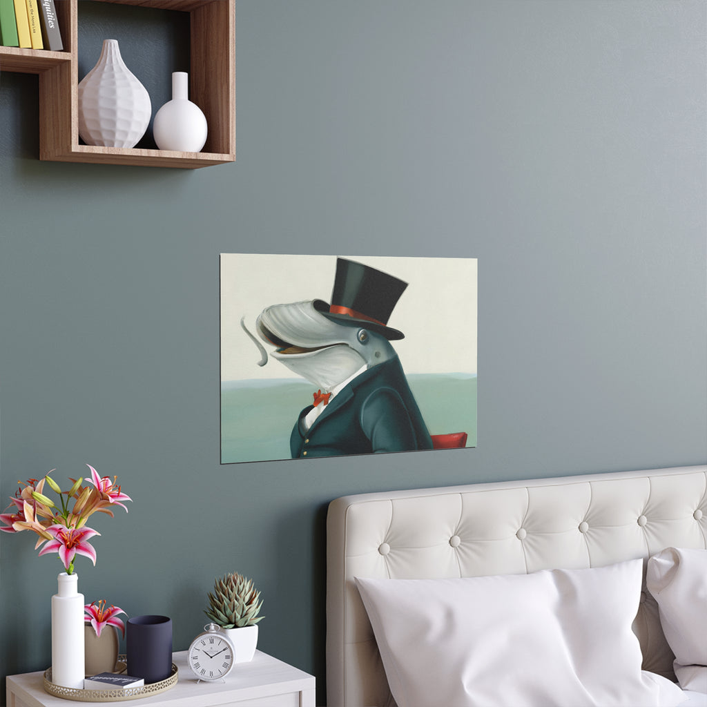 Whale in Top Hat Poster - Surreal Animal Art Print for Bathroom or Office - Funny Dapper Whale Wall Art, Gift for Men, Coastal Decor