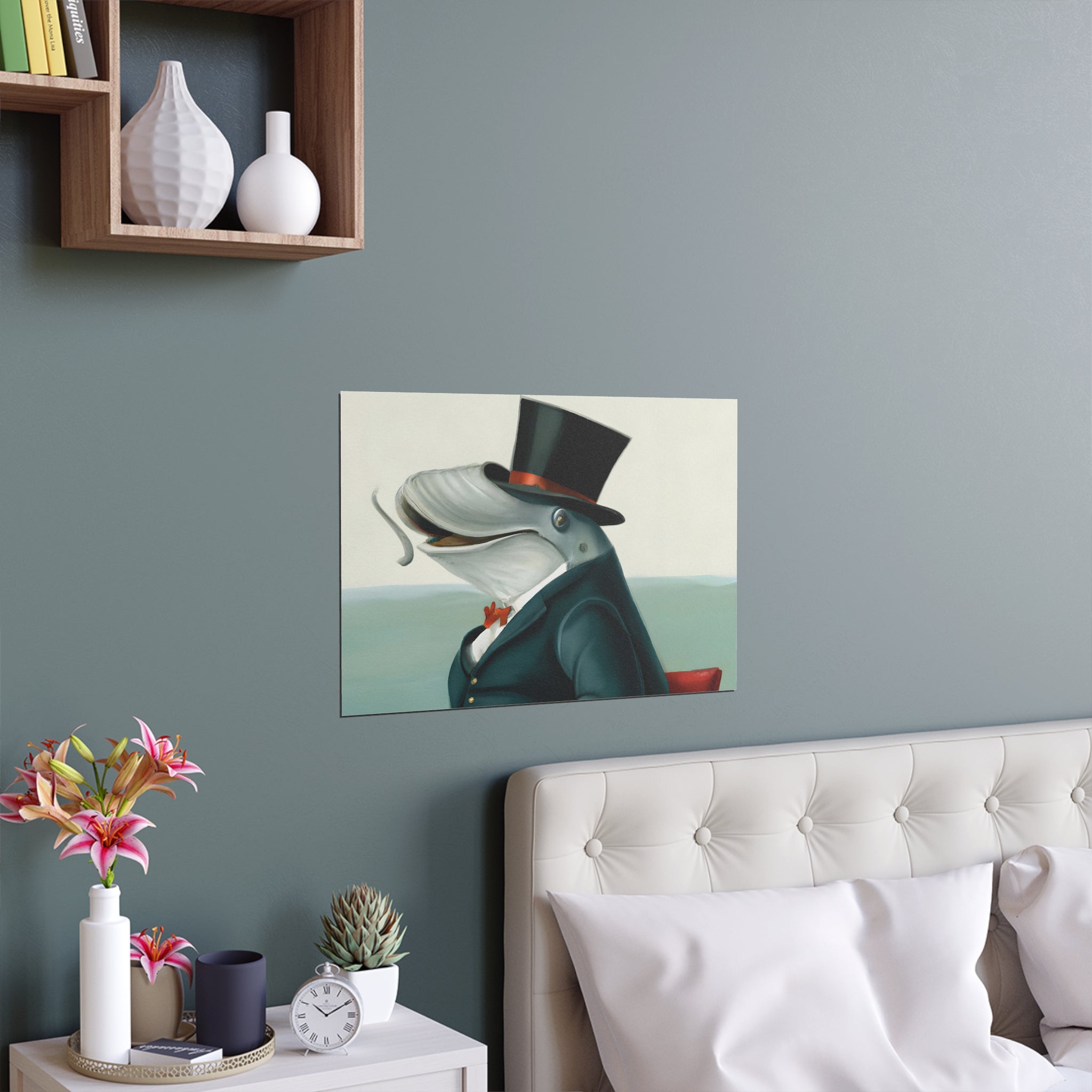 Whale in Top Hat Poster - Surreal Animal Art Print for Bathroom or Office - Funny Dapper Whale Wall Art, Gift for Men, Coastal Decor