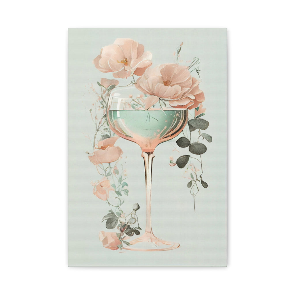Mint Wine Glass Floral Canvas Wall Art - Elegant Botanical Poster, Soft Pastel Minimalist Decor for Bedroom or Kitchen