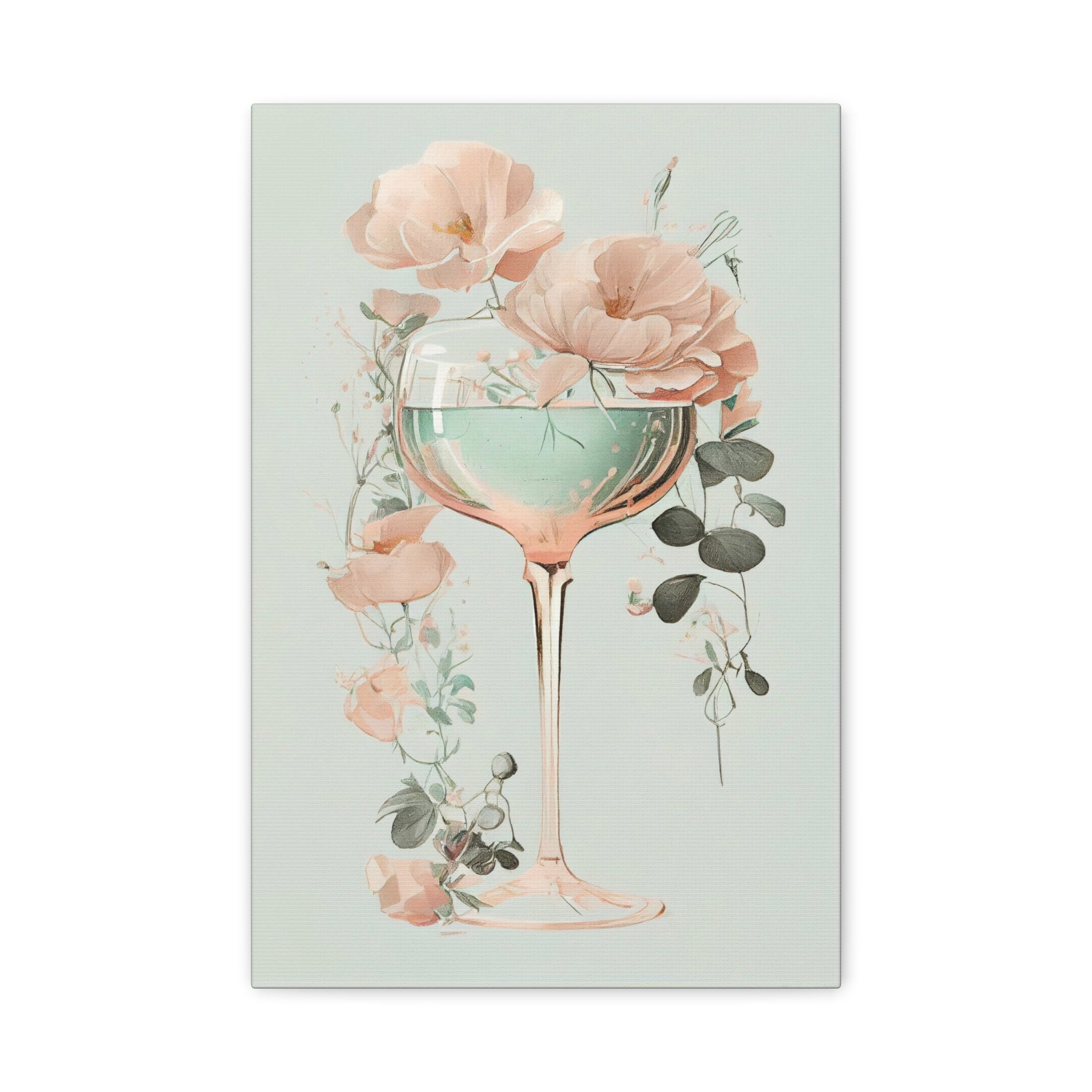 Mint Wine Glass Floral Canvas Wall Art - Elegant Botanical Poster, Soft Pastel Minimalist Decor for Bedroom or Kitchen