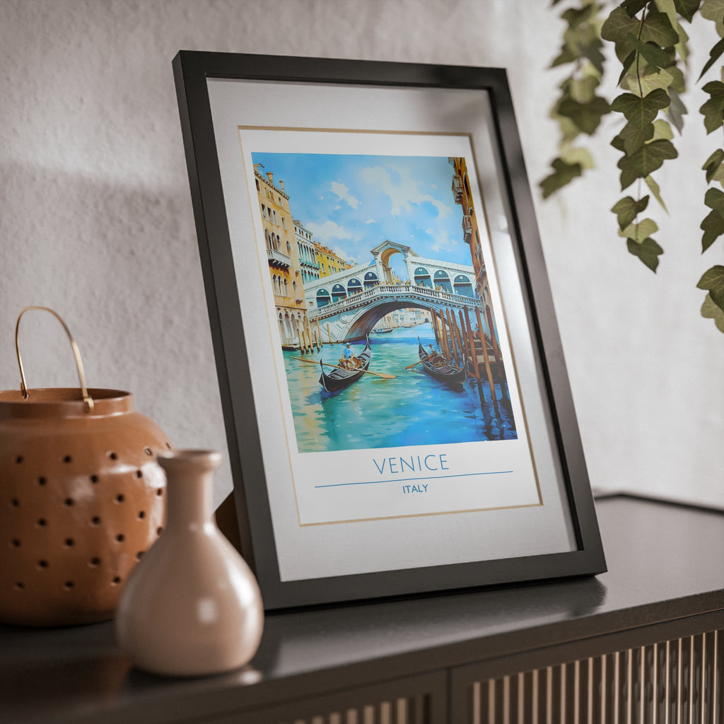 Venice Italy Rialto Bridge Poster - Framed Gondola Wall Art, Canal Scene Print, Watercolor Travel Decor