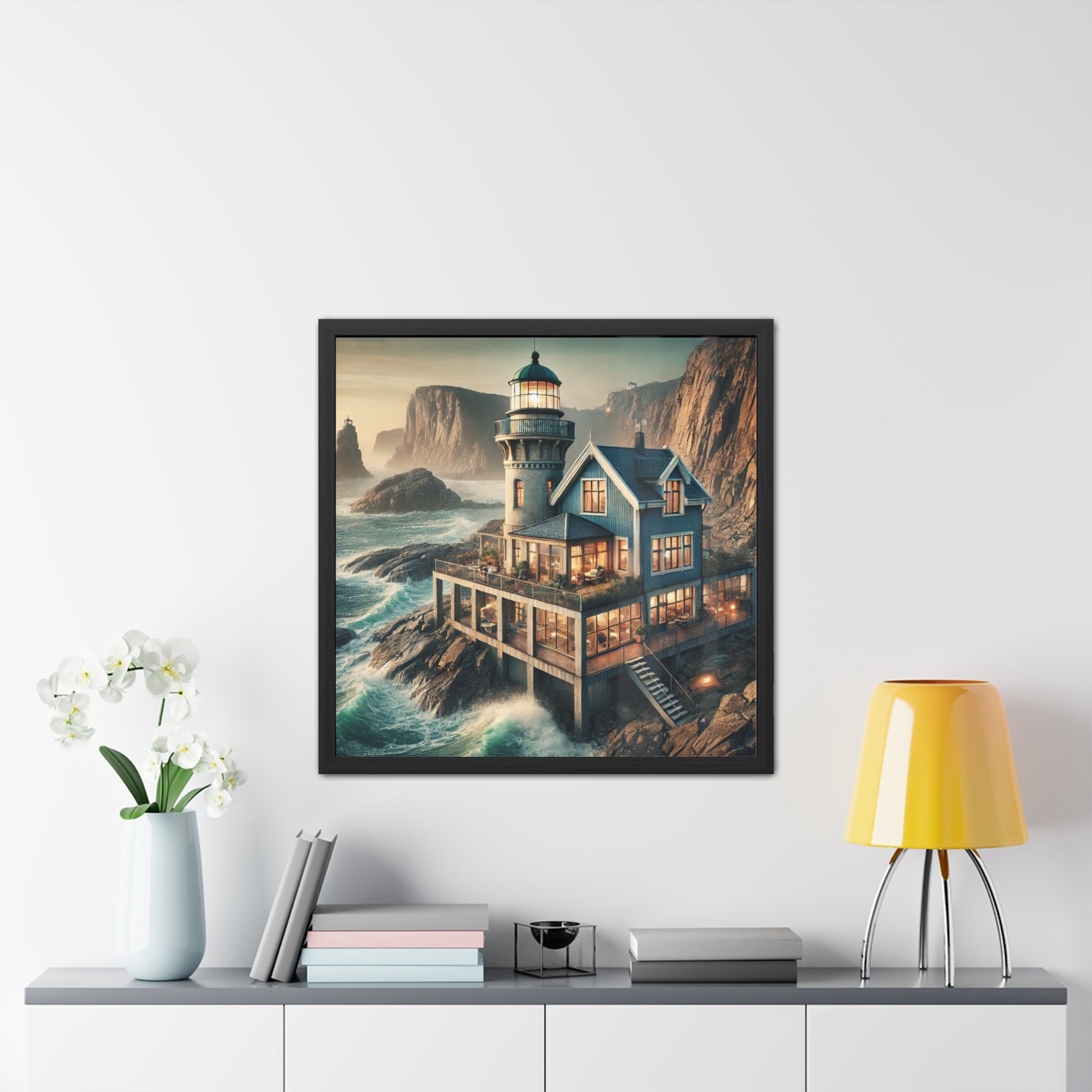 Coastal Lighthouse Framed Art Print, Nautical Wall Decor, Beach House Wall Art, Ocean View Poster, Seaside Home Decoration