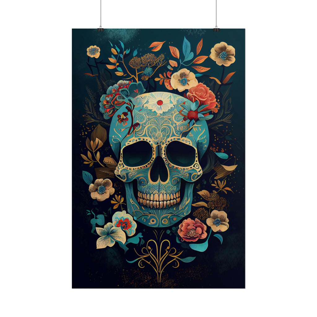 Blue Chinoiserie Sugar Skull Poster - Dia de los Muertos Floral Skull Art Print, Moody Gothic Home Decor, Vibrant Calavera Wall Art