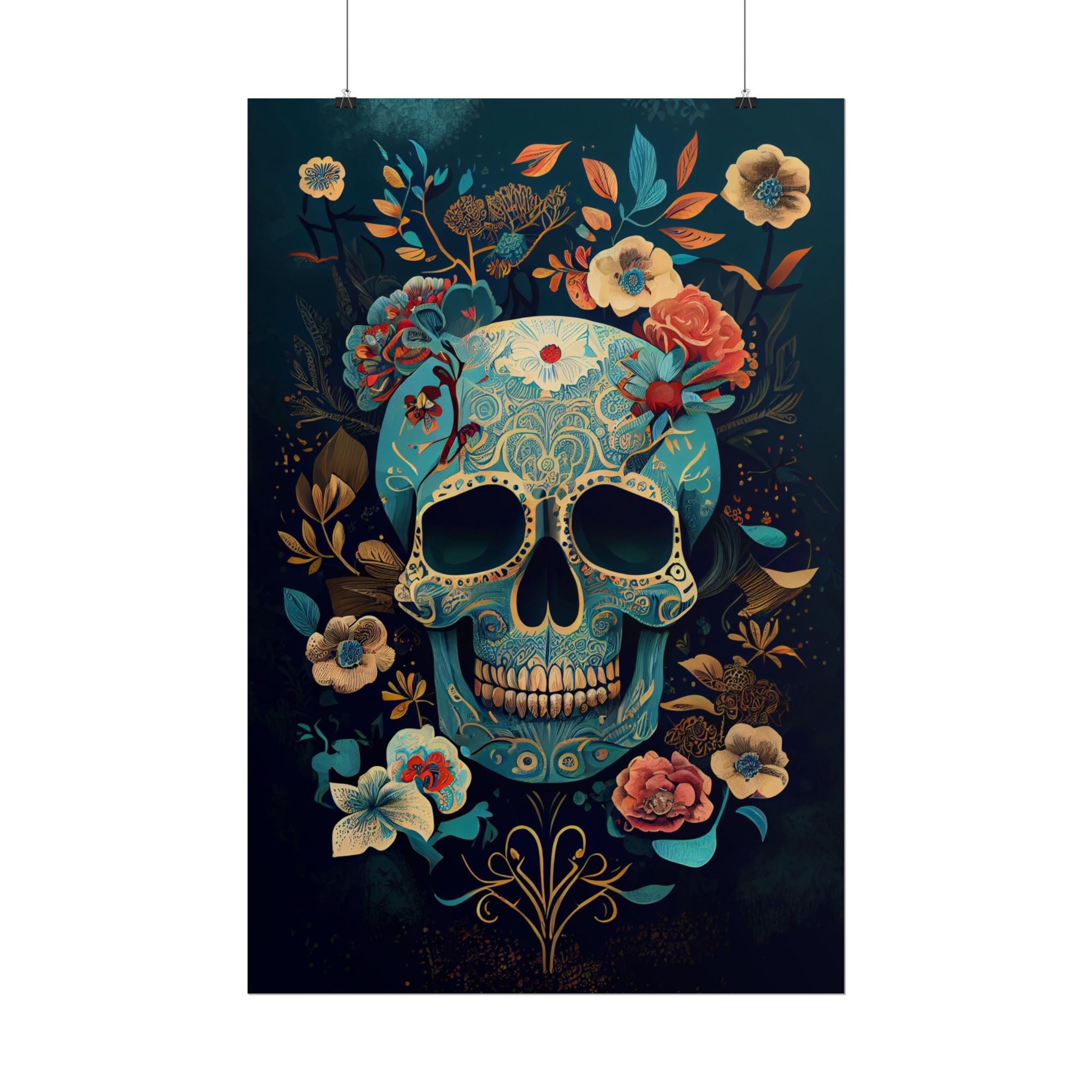 Blue Chinoiserie Sugar Skull Poster - Dia de los Muertos Floral Skull Art Print, Moody Gothic Home Decor, Vibrant Calavera Wall Art