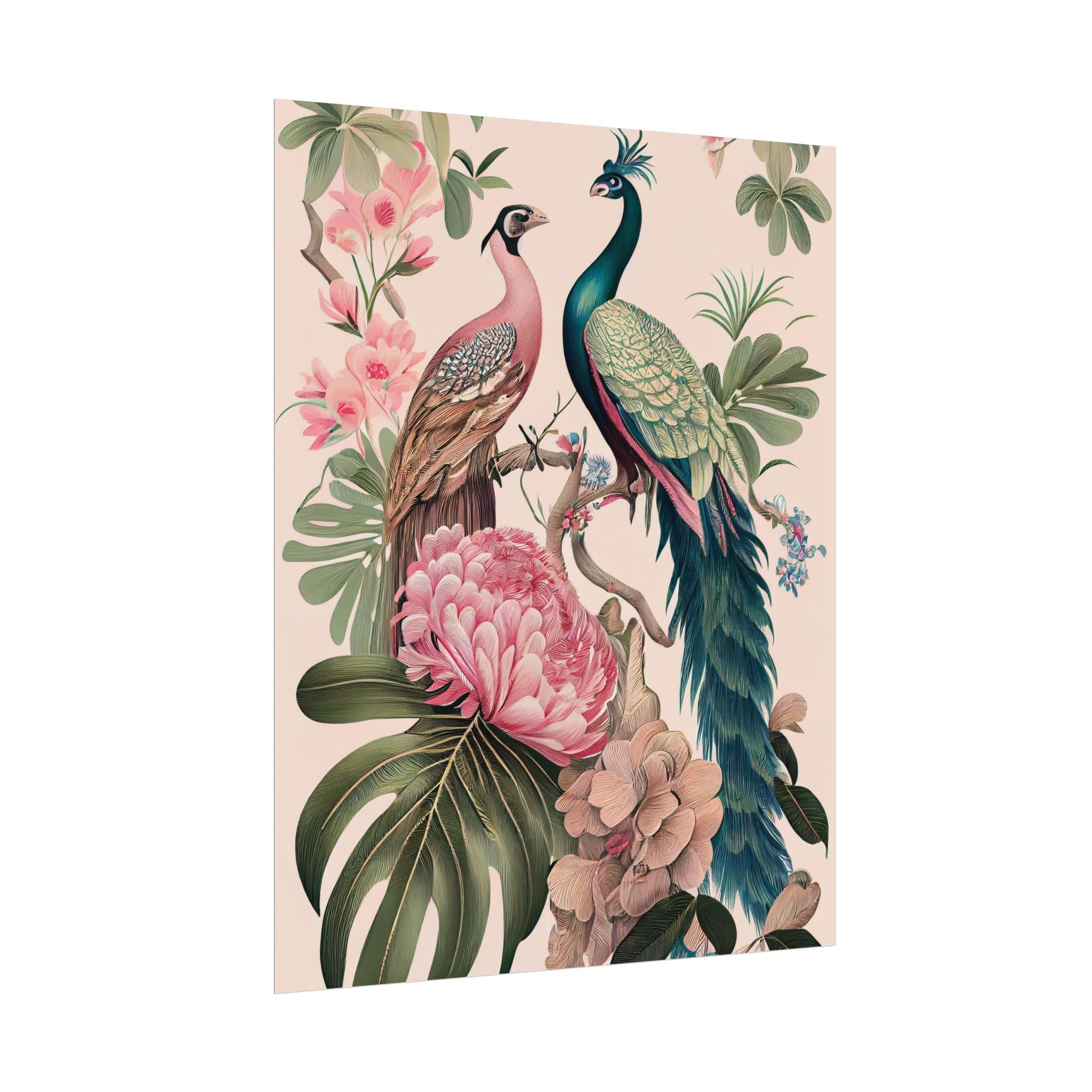 Chinoiserie Peacock Wall Art Print | Vintage Floral Bird Poster, Elegant Botanical Decor, Oriental Nature Artwork, 11x14 Giclée Rolled Print