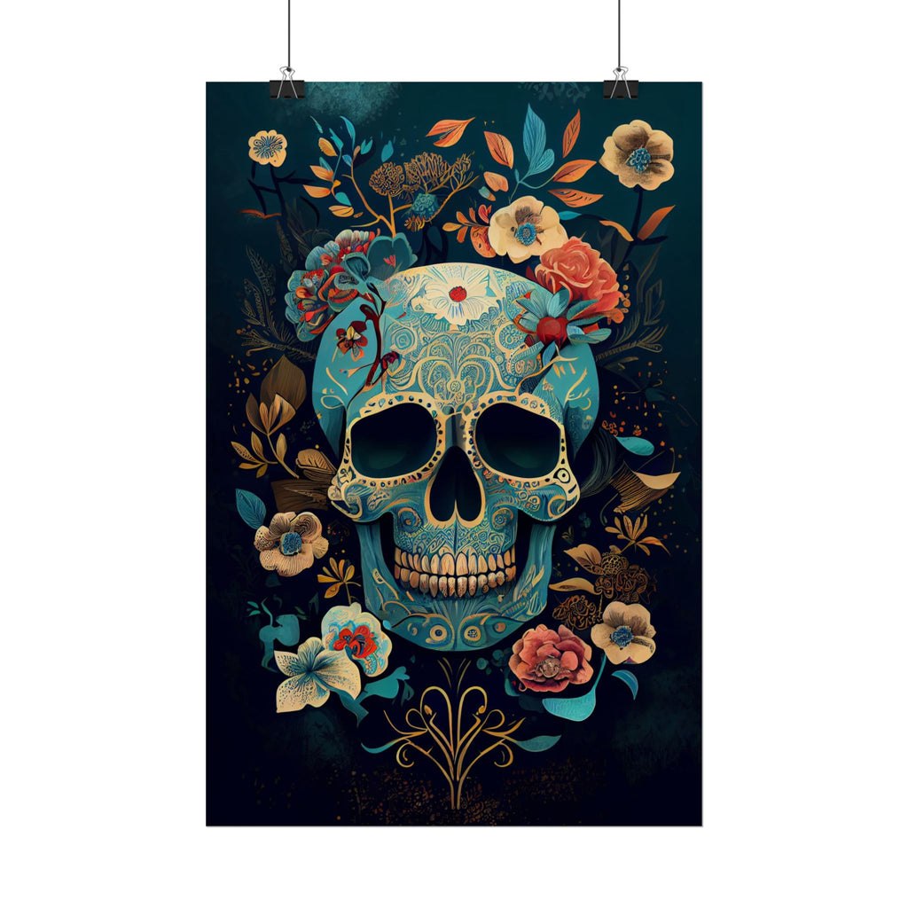 Blue Chinoiserie Sugar Skull Poster - Dia de los Muertos Floral Skull Art Print, Moody Gothic Home Decor, Vibrant Calavera Wall Art