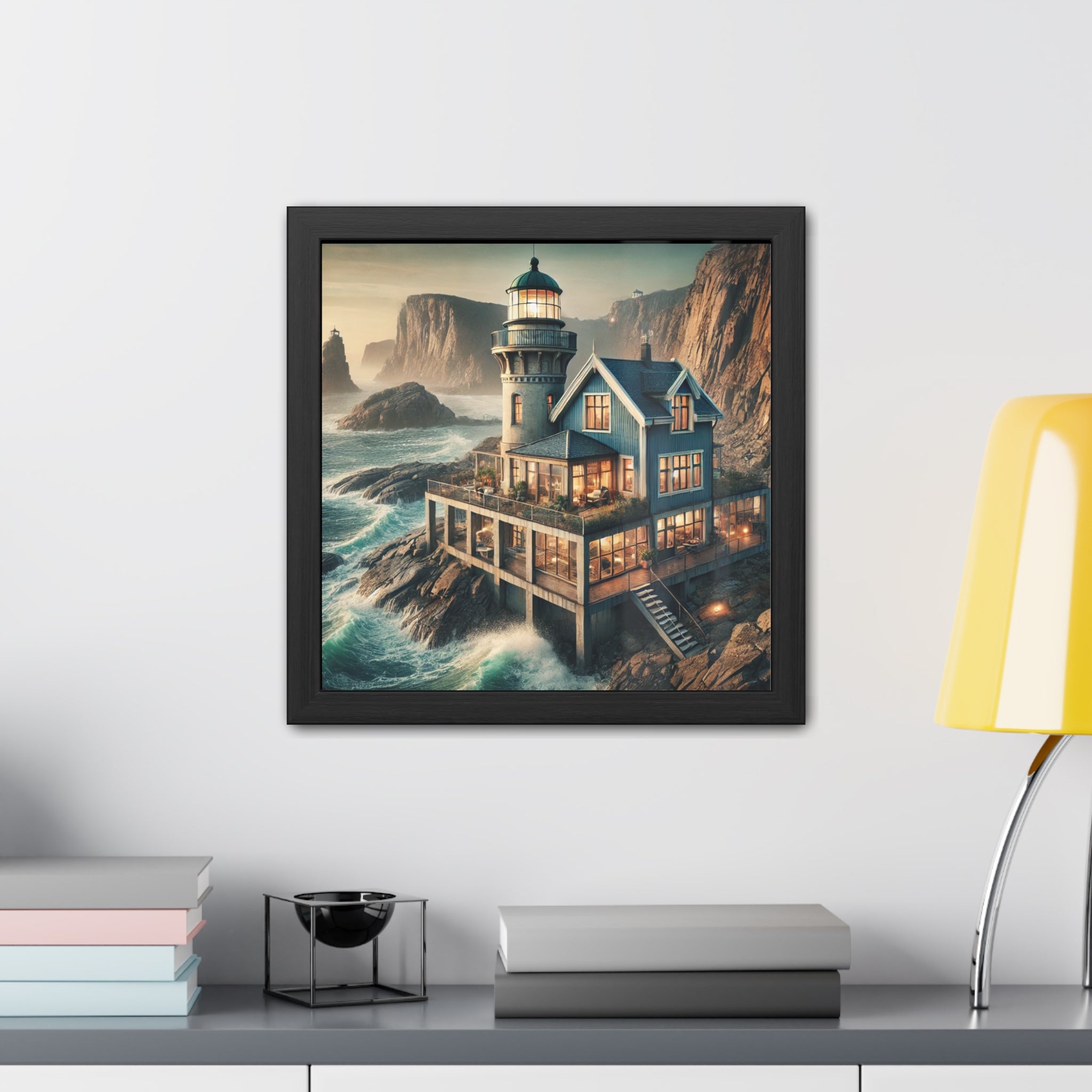 Coastal Lighthouse Framed Art Print, Nautical Wall Decor, Beach House Wall Art, Ocean View Poster, Seaside Home Decoration