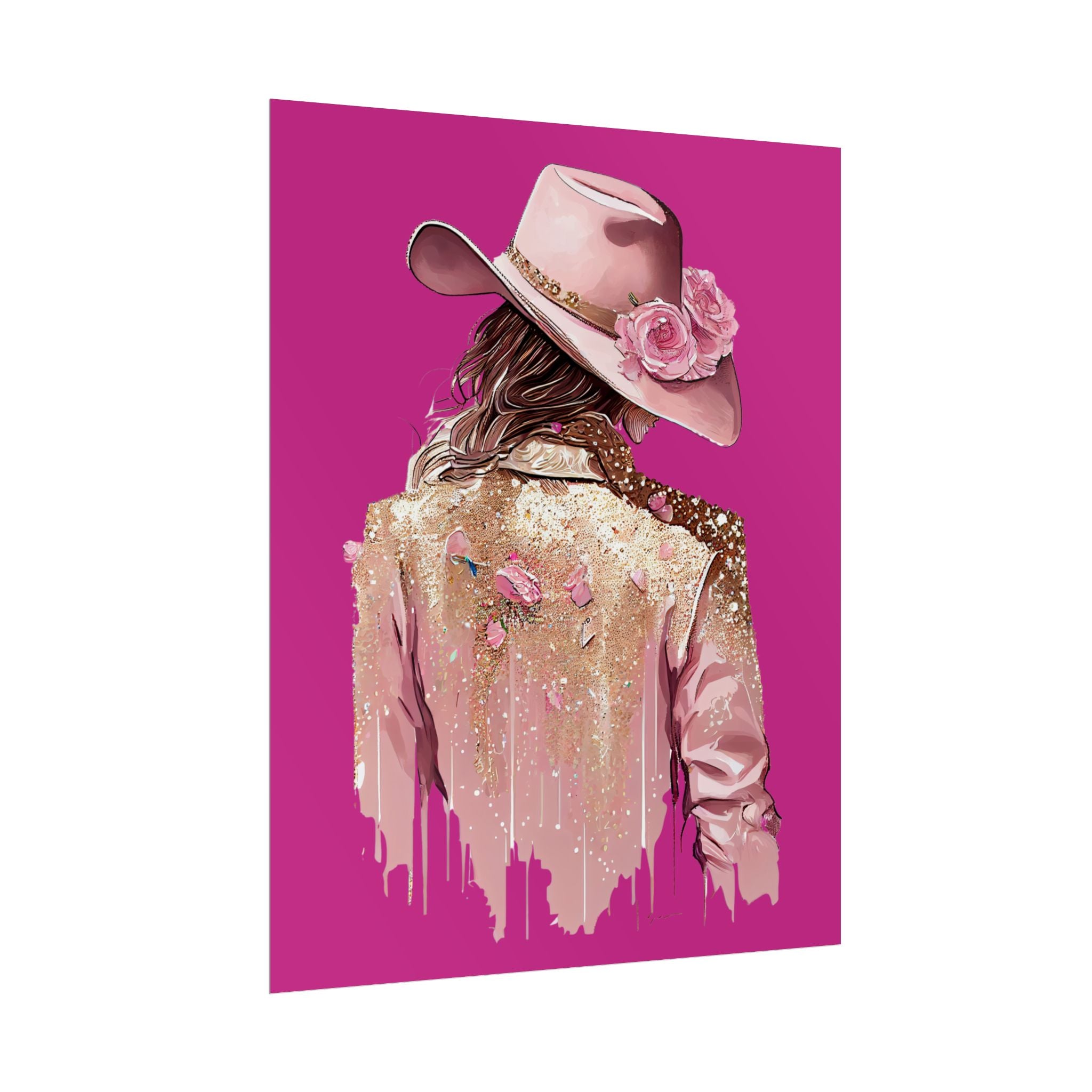 Western Glam Pink Hat Poster - Bold Feminine Wall Art for Bedroom or Dorm, Cowboycore Home Decor, Rose Jacket Pop Art Print