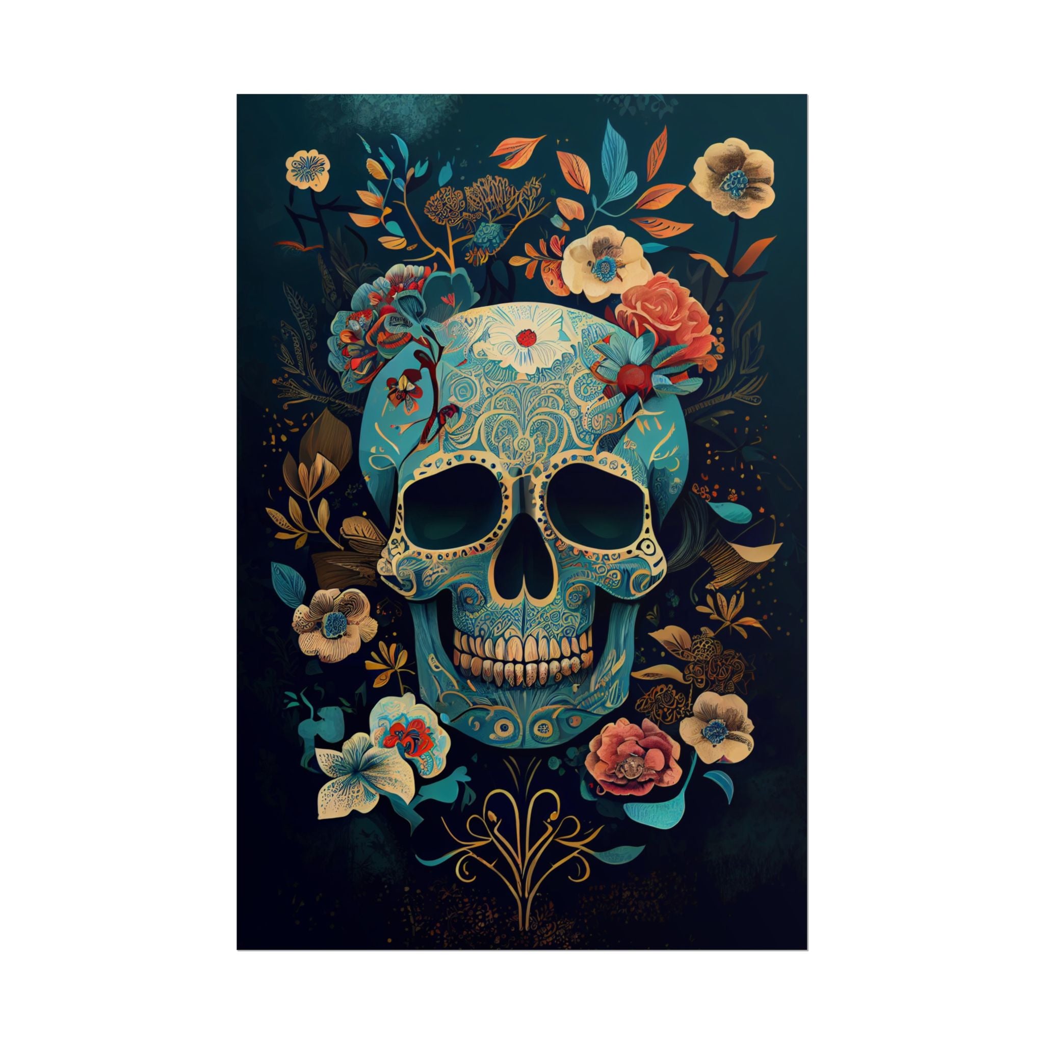 Blue Chinoiserie Sugar Skull Poster - Dia de los Muertos Floral Skull Art Print, Moody Gothic Home Decor, Vibrant Calavera Wall Art