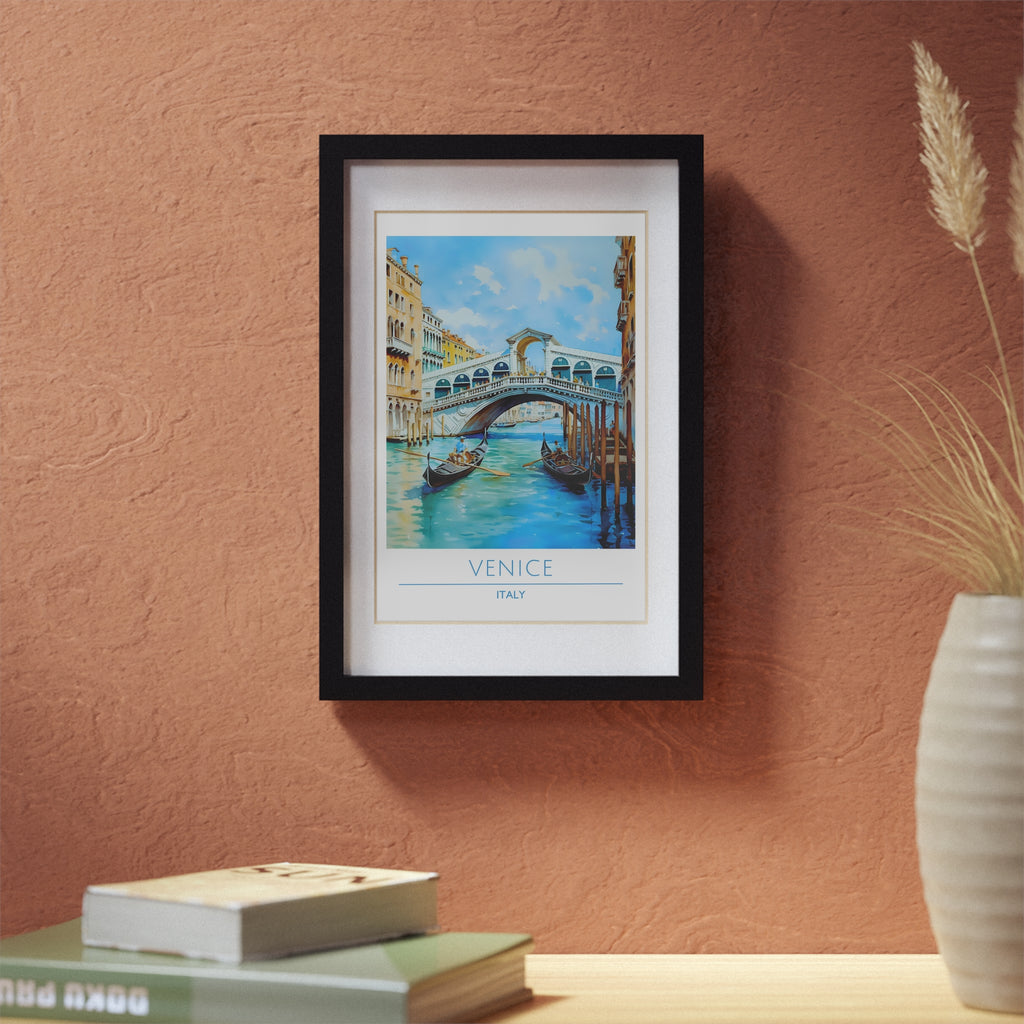 Venice Italy Rialto Bridge Poster - Framed Gondola Wall Art, Canal Scene Print, Watercolor Travel Decor