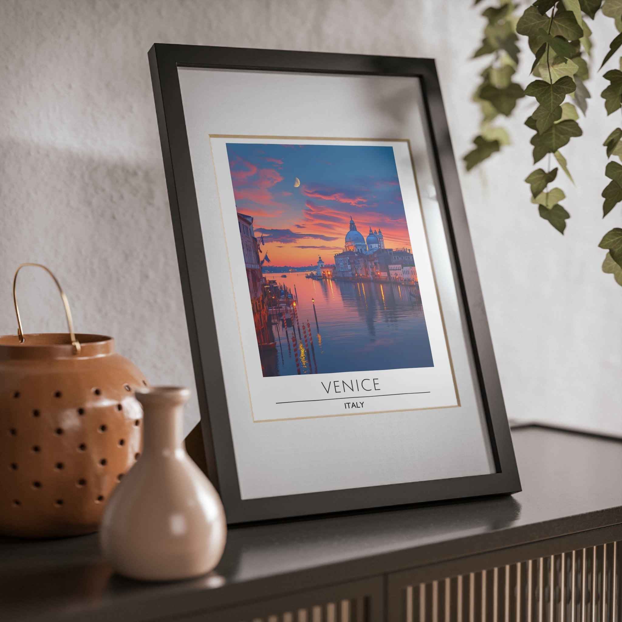 Venice Italy Framed Travel Poster - Grand Canal Wall Art Print, Sunset Cityscape Decor, Romantic European Architecture